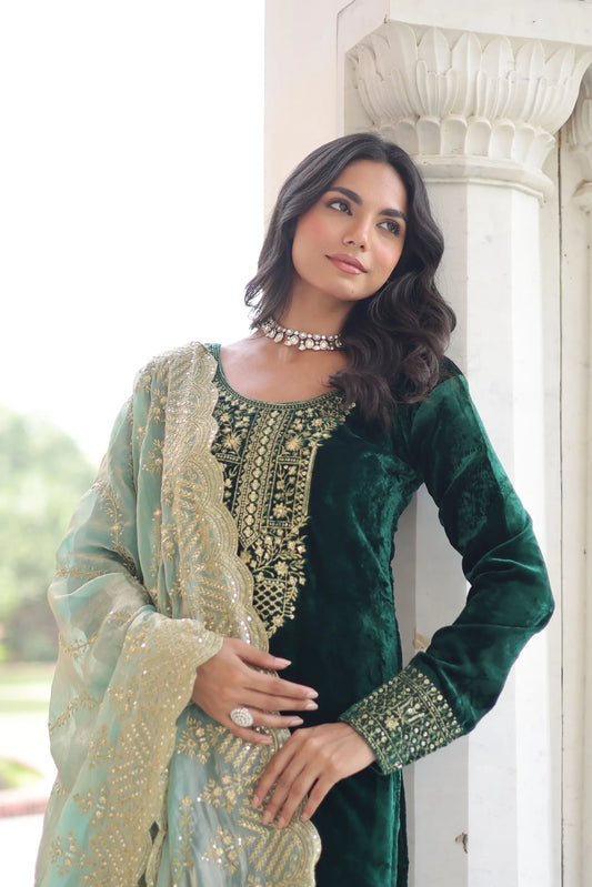 Emerald Green Velvet Embroidered Straight Suit with Dupatta Festive & Wedding Wear