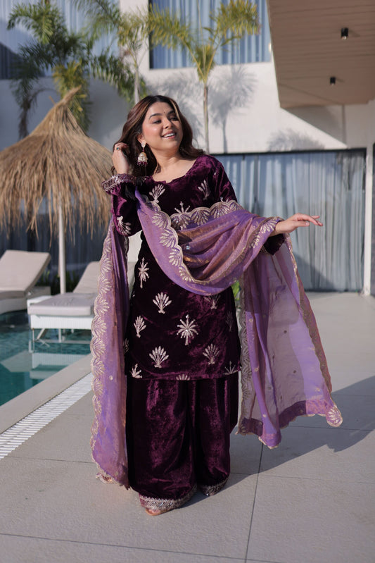 Plum Purple Velvet Embroidered Suit Set with Dupatta Elegant Festive Wear