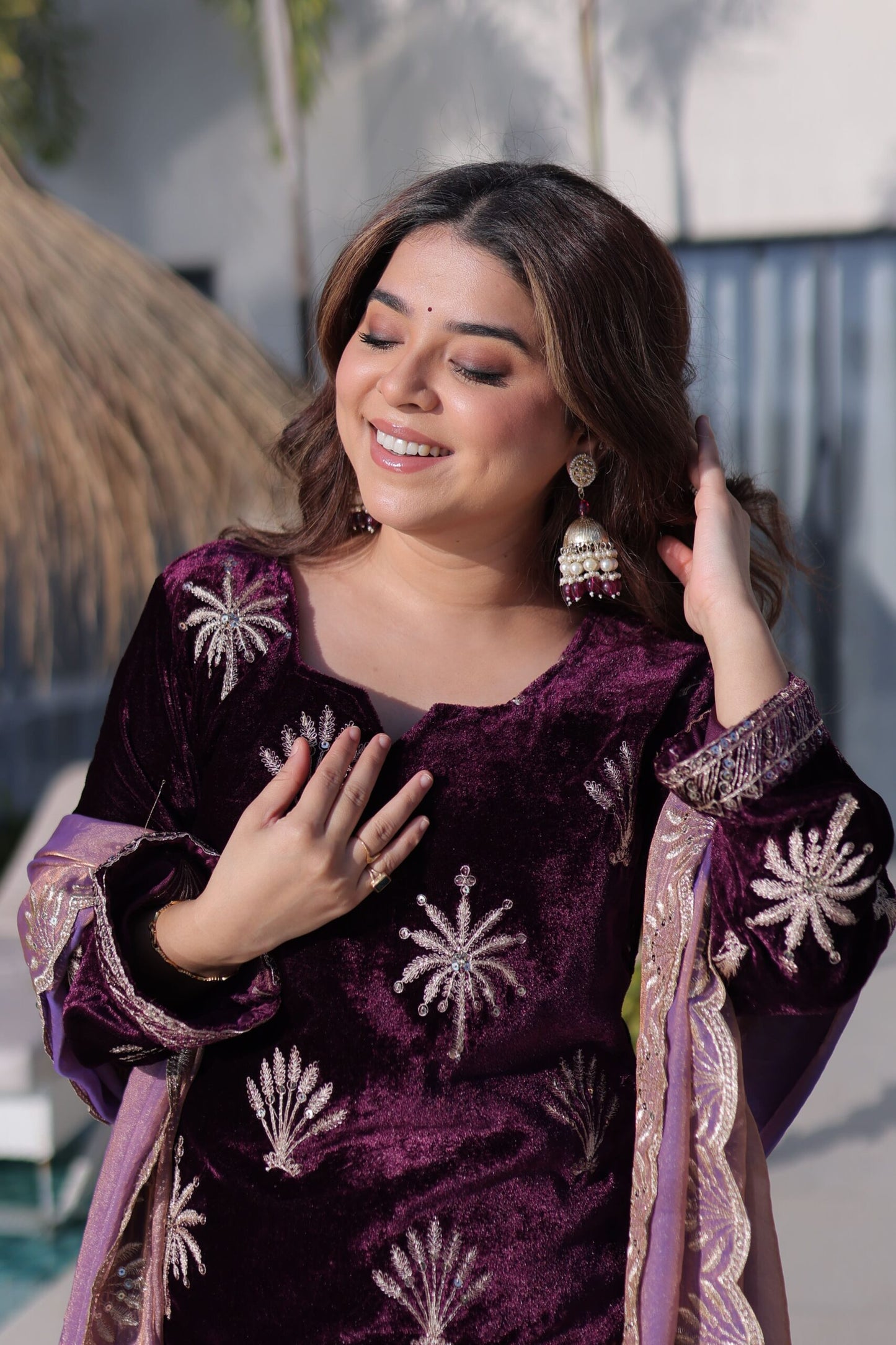 Plum Purple Velvet Embroidered Suit Set with Dupatta Elegant Festive Wear