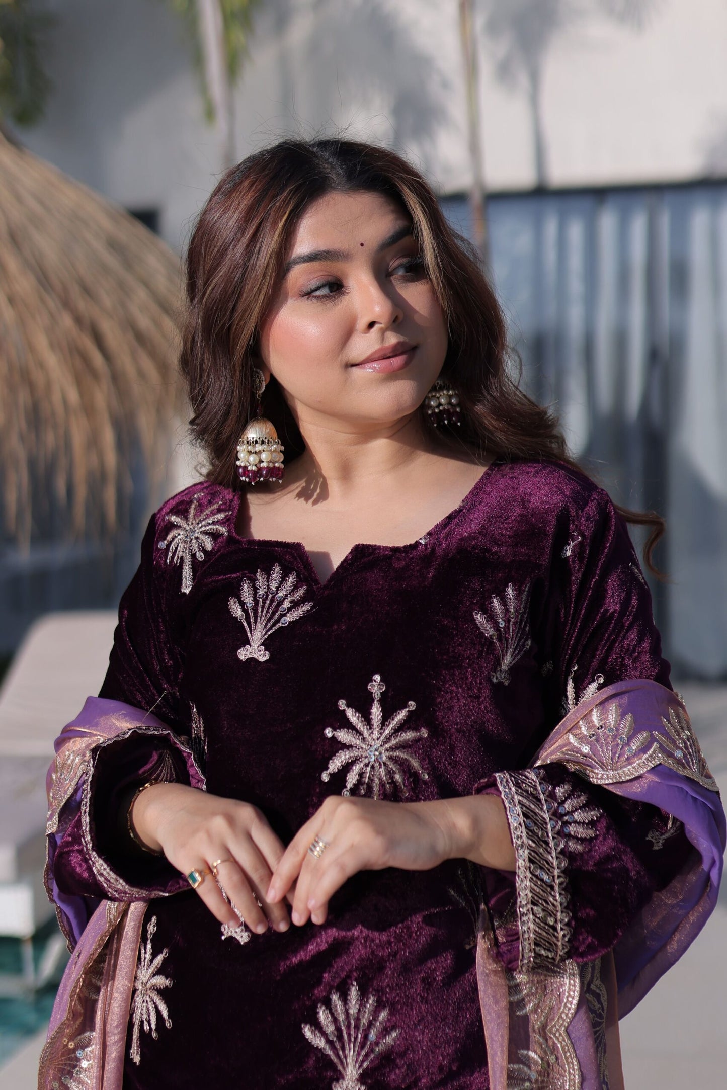Plum Purple Velvet Embroidered Suit Set with Dupatta Elegant Festive Wear