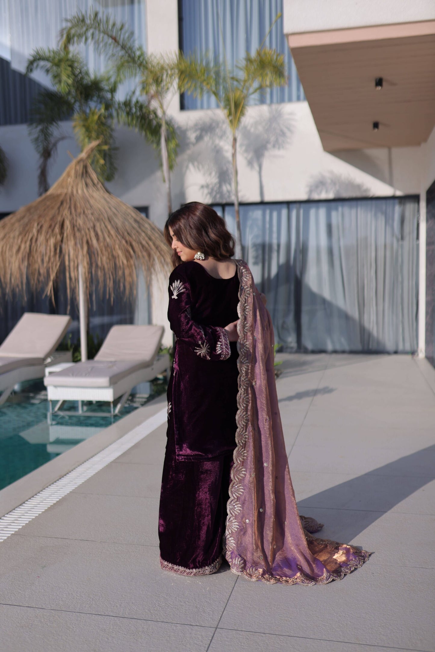 Plum Purple Velvet Embroidered Suit Set with Dupatta Elegant Festive Wear