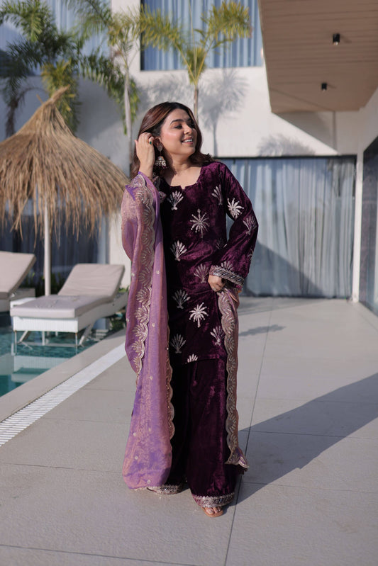 Plum Purple Velvet Embroidered Suit Set with Dupatta Elegant Festive Wear