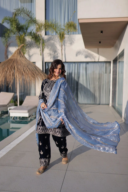Navy Blue Velvet Heavy Embroidered Suit with Dupatta Party & Festive Wear