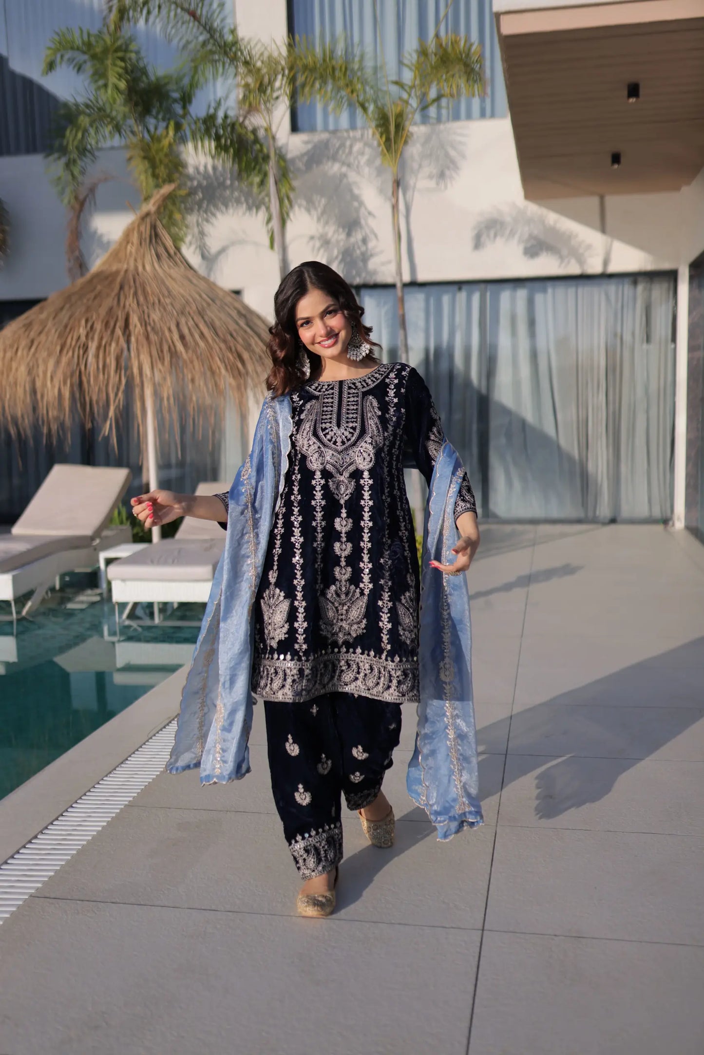Navy Blue Velvet Heavy Embroidered Suit with Dupatta Party & Festive Wear