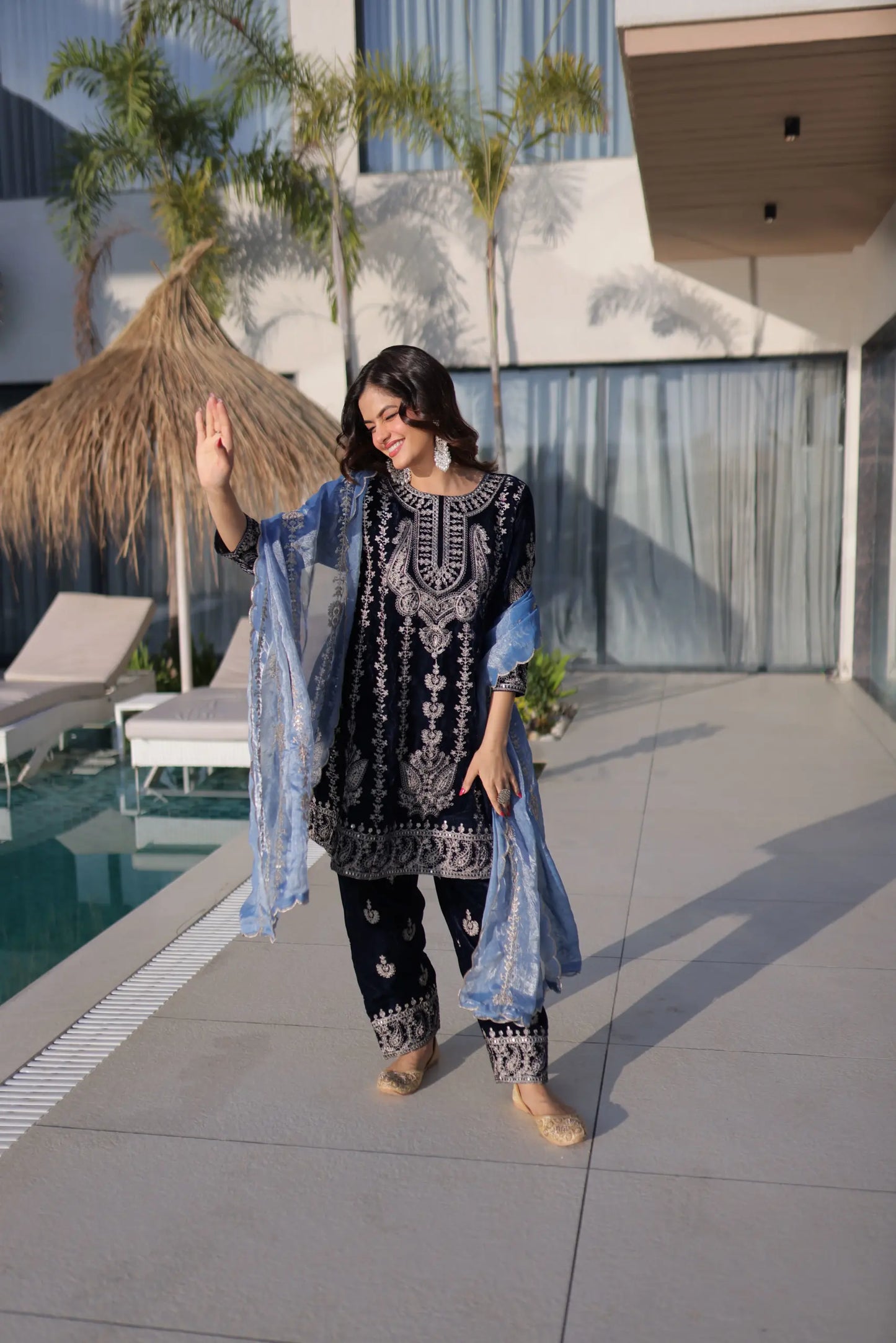 Navy Blue Velvet Heavy Embroidered Suit with Dupatta Party & Festive Wear