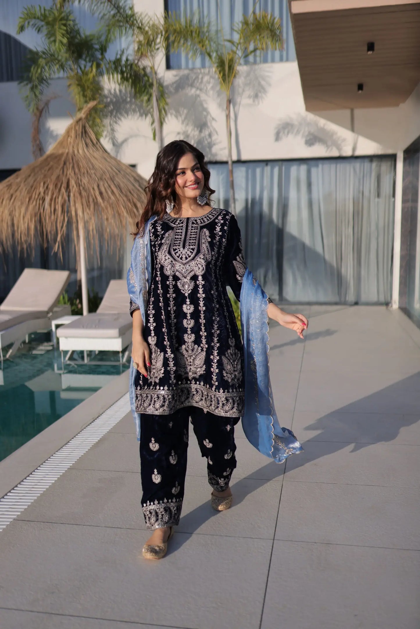 Navy Blue Velvet Heavy Embroidered Suit with Dupatta Party & Festive Wear