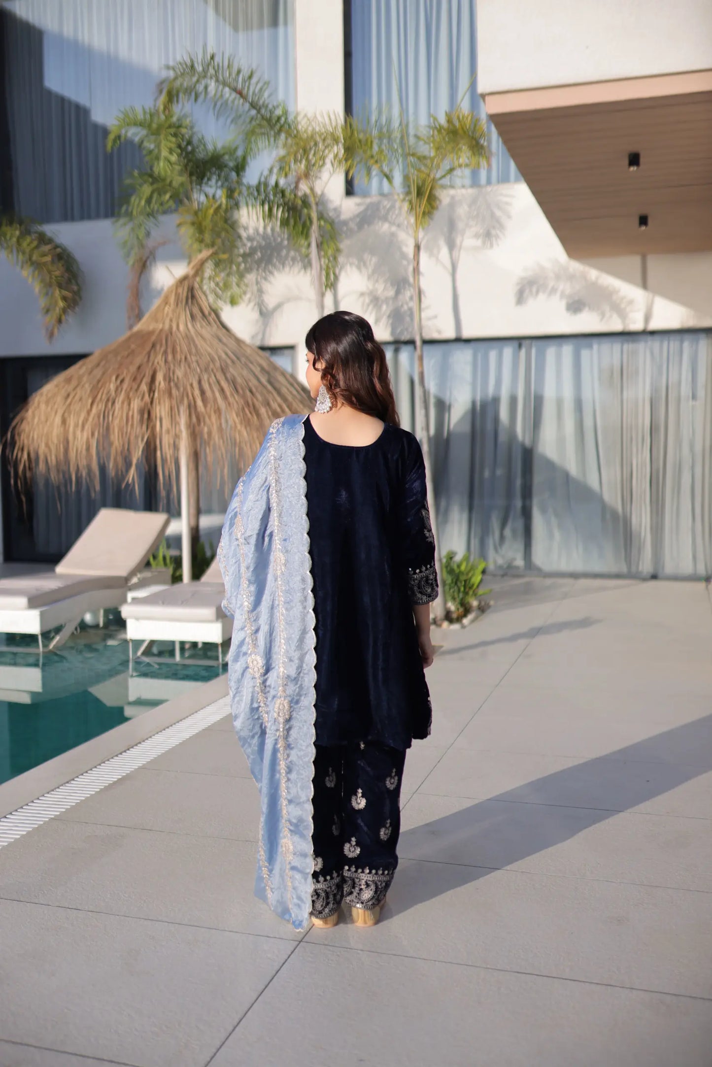 Navy Blue Velvet Heavy Embroidered Suit with Dupatta Party & Festive Wear