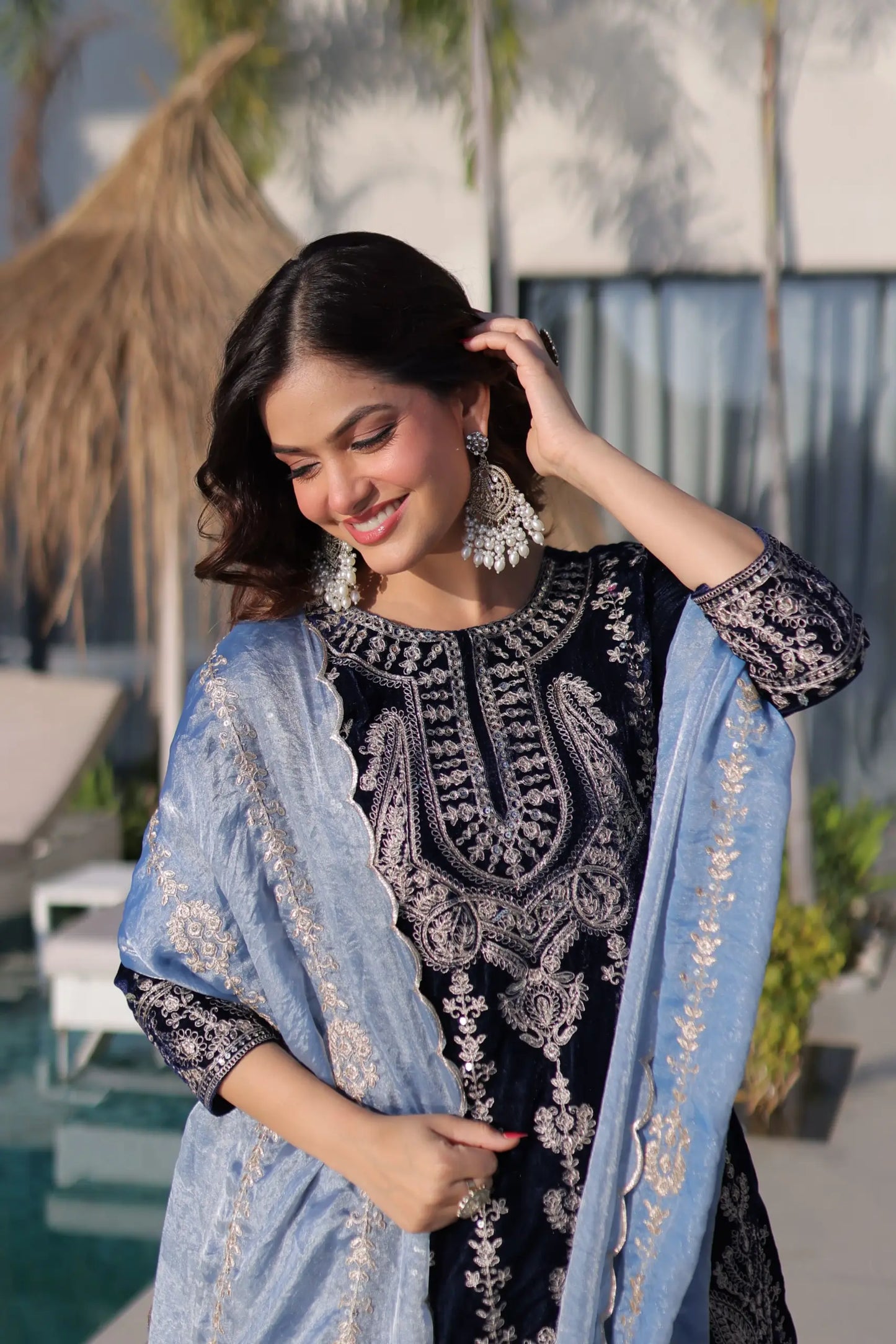 Navy Blue Velvet Heavy Embroidered Suit with Dupatta Party & Festive Wear