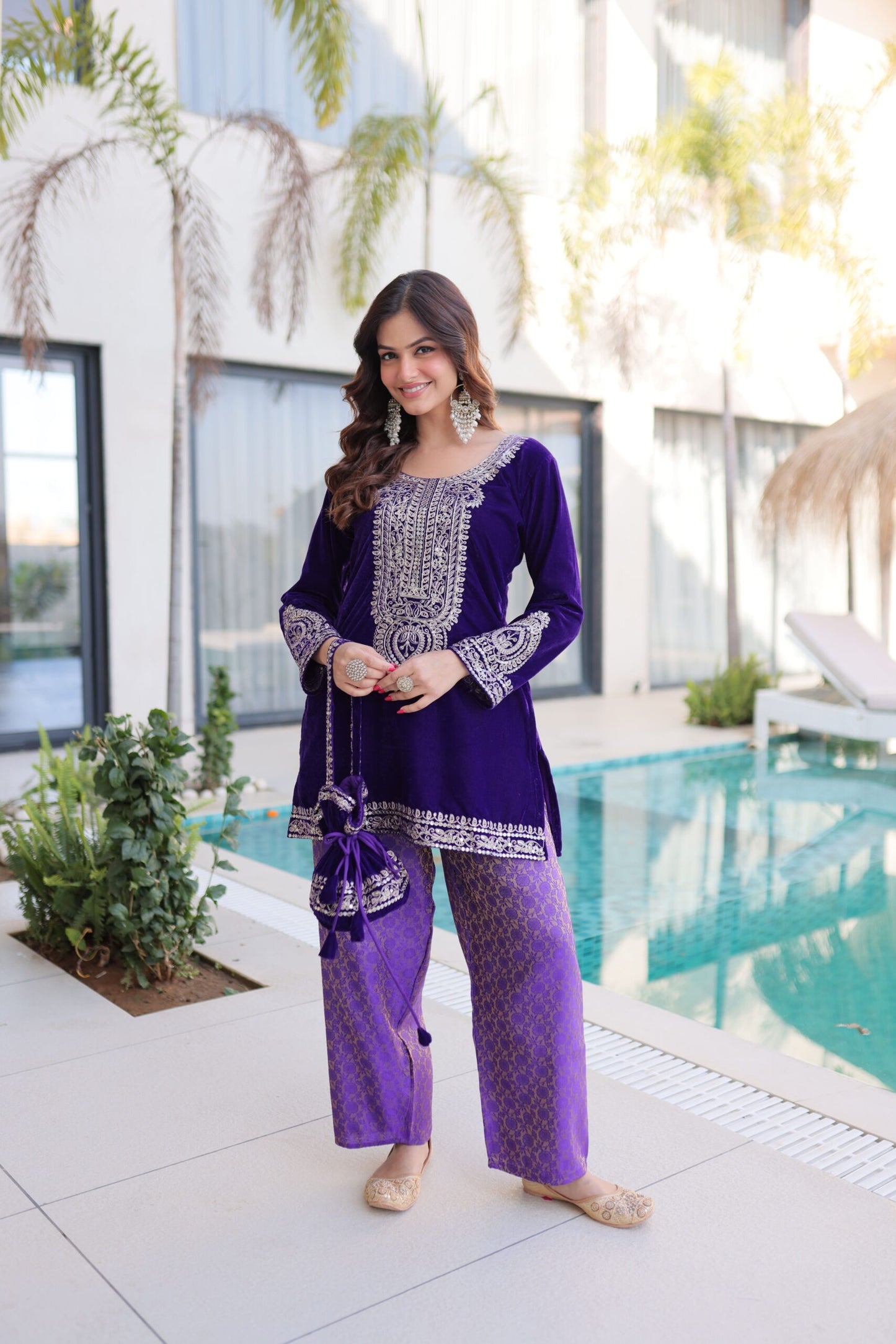 Royal Blue & Purple Velvet Heavy Embroidered Kurta Pant Set with Potli Party & Festive Wear