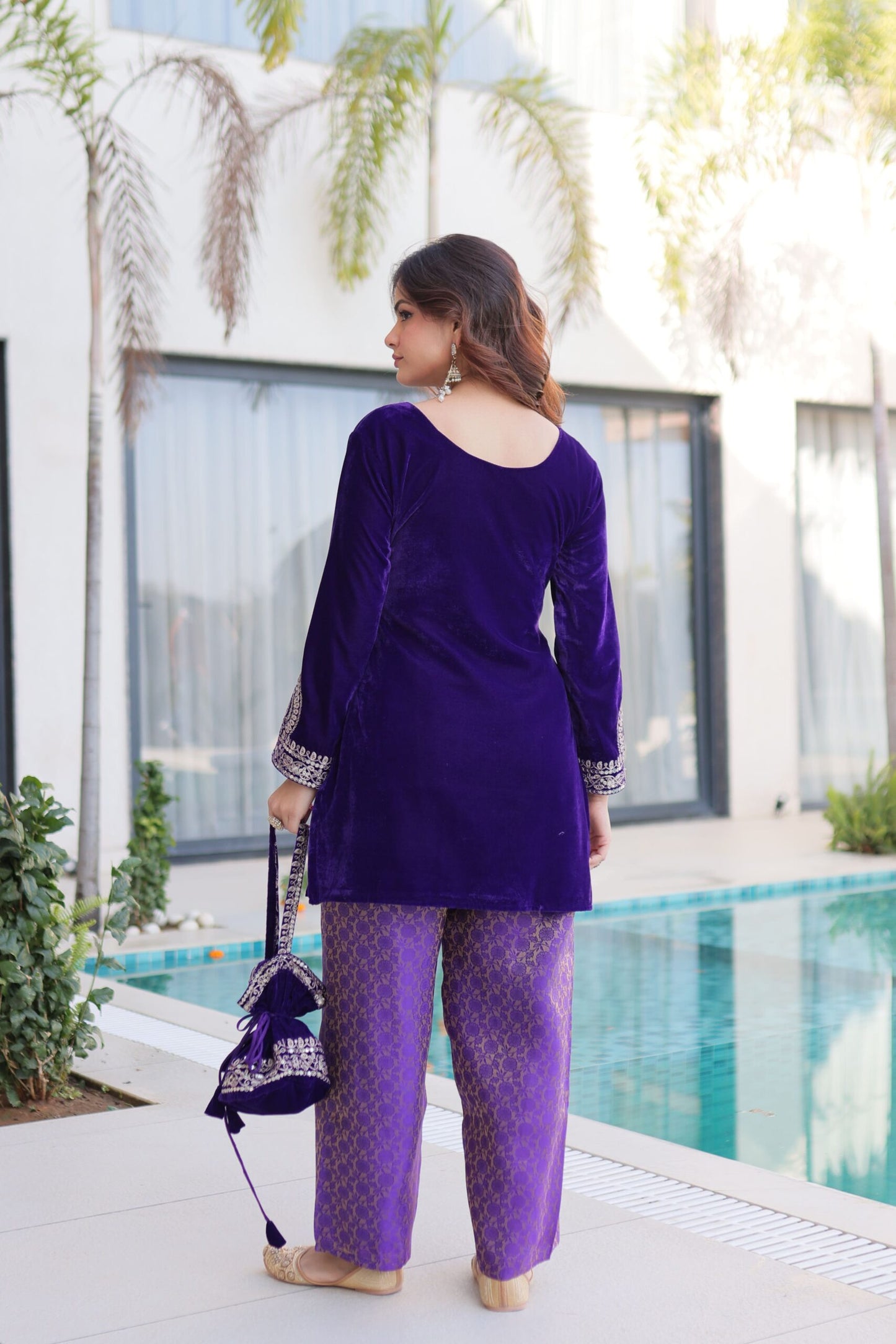 Royal Blue & Purple Velvet Heavy Embroidered Kurta Pant Set with Potli Party & Festive Wear