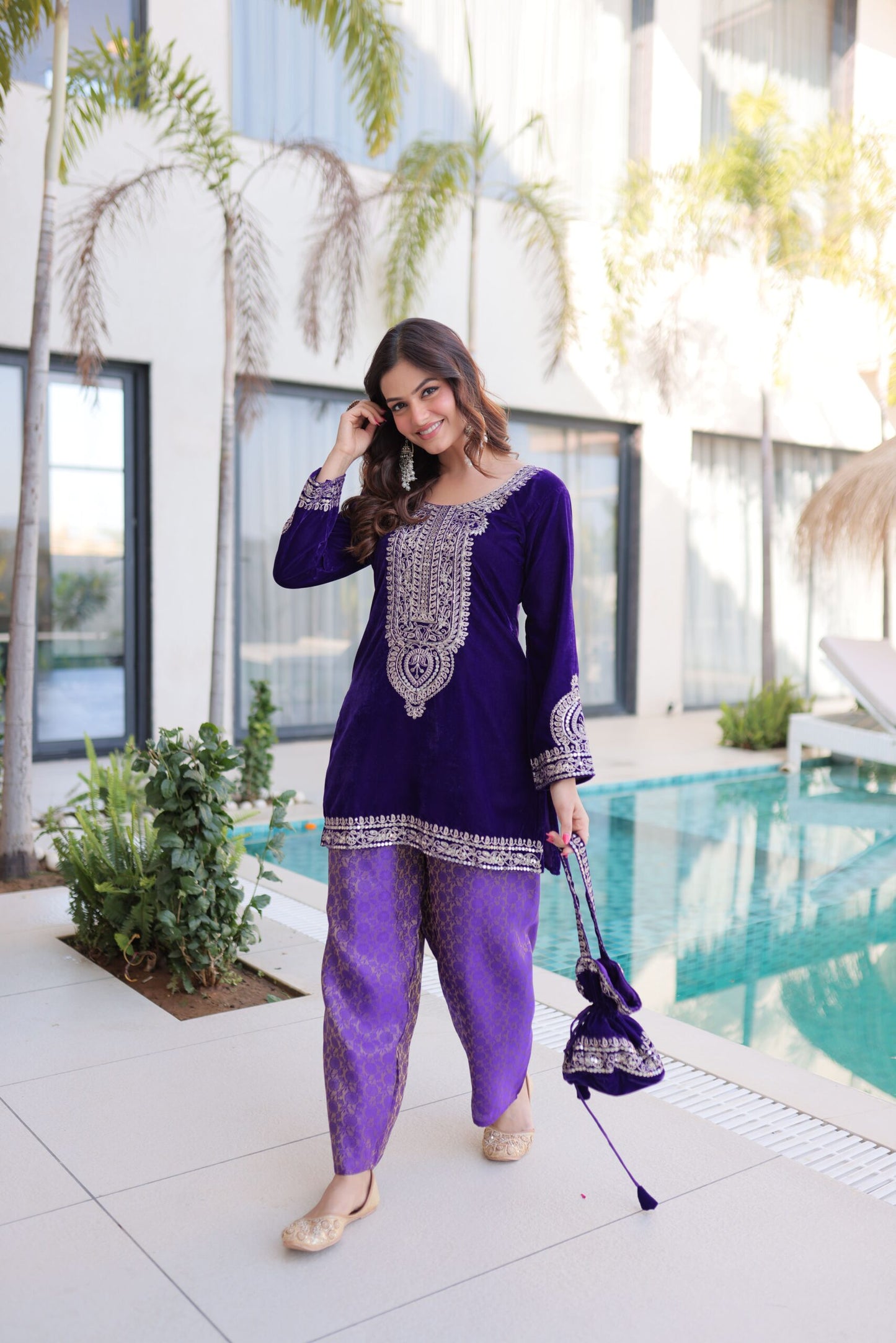 Royal Blue & Purple Velvet Heavy Embroidered Kurta Pant Set with Potli Party & Festive Wear