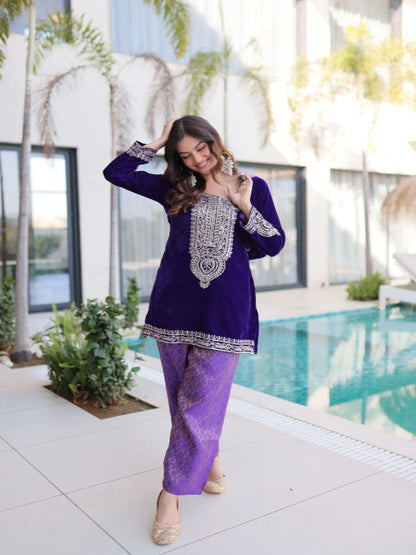 Royal Blue & Purple Velvet Heavy Embroidered Kurta Pant Set with Potli Party & Festive Wear