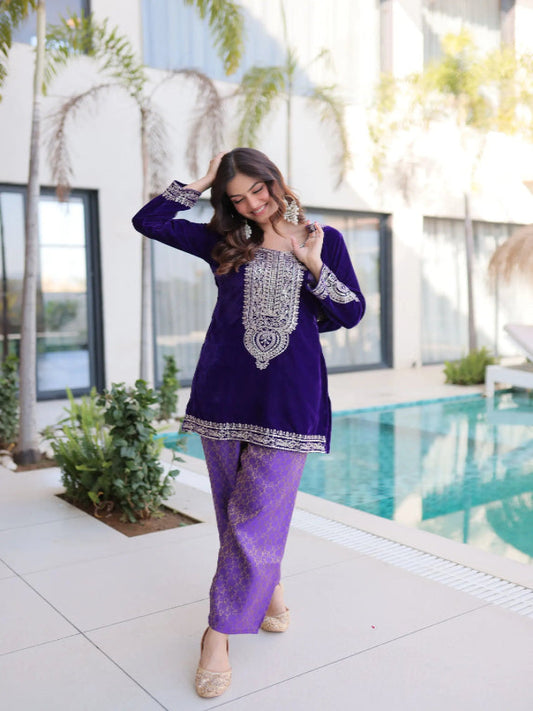 Royal Blue & Purple Velvet Heavy Embroidered Kurta Pant Set with Potli Party & Festive Wear