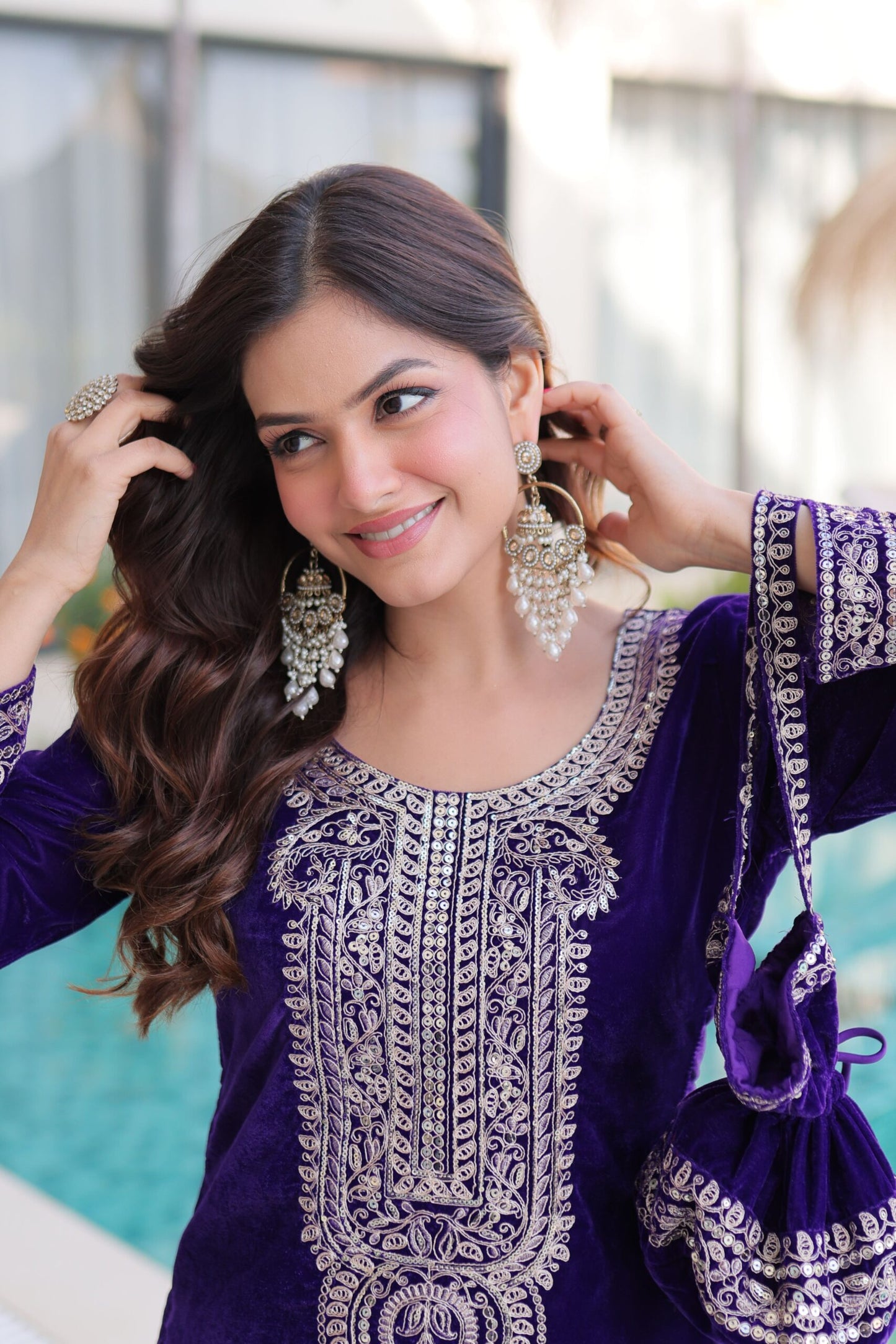 Royal Blue & Purple Velvet Heavy Embroidered Kurta Pant Set with Potli Party & Festive Wear