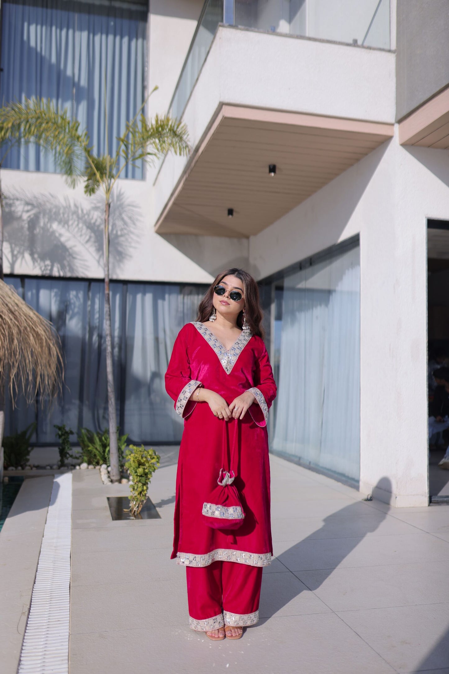 Crimson Red Velvet Embellished Kurta Pant Set with Potli Party & Festive Wear
