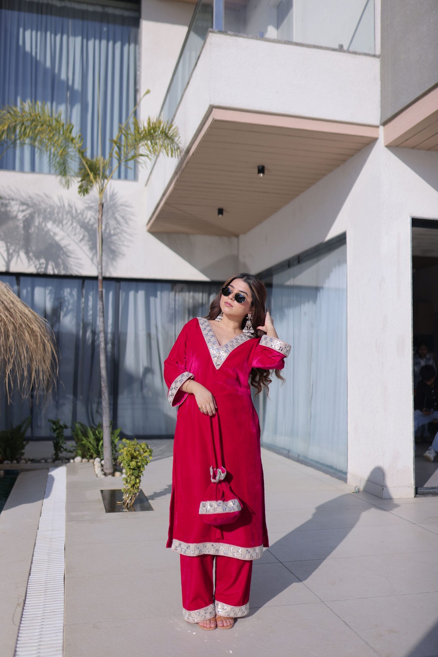 Crimson Red Velvet Embellished Kurta Pant Set with Potli Party & Festive Wear