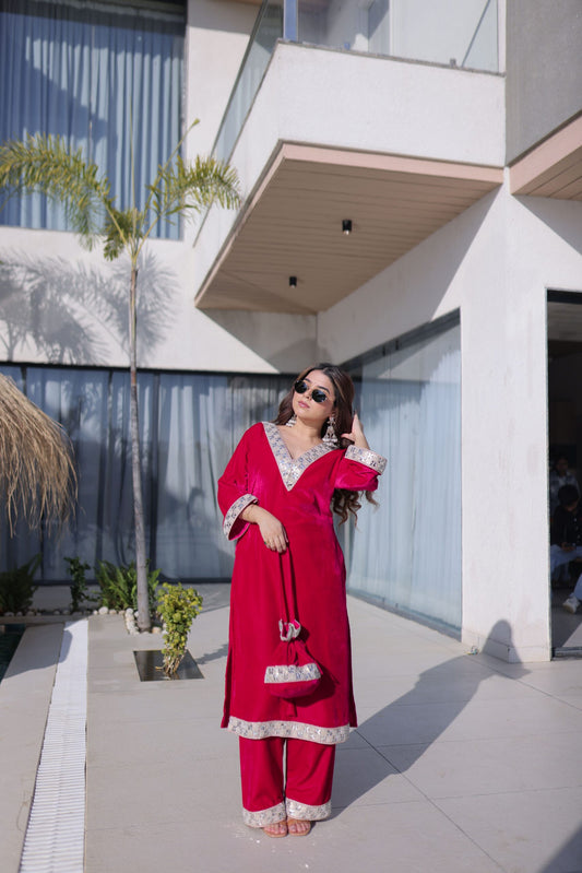 Crimson Red Velvet Embellished Kurta Pant Set with Potli Party & Festive Wear
