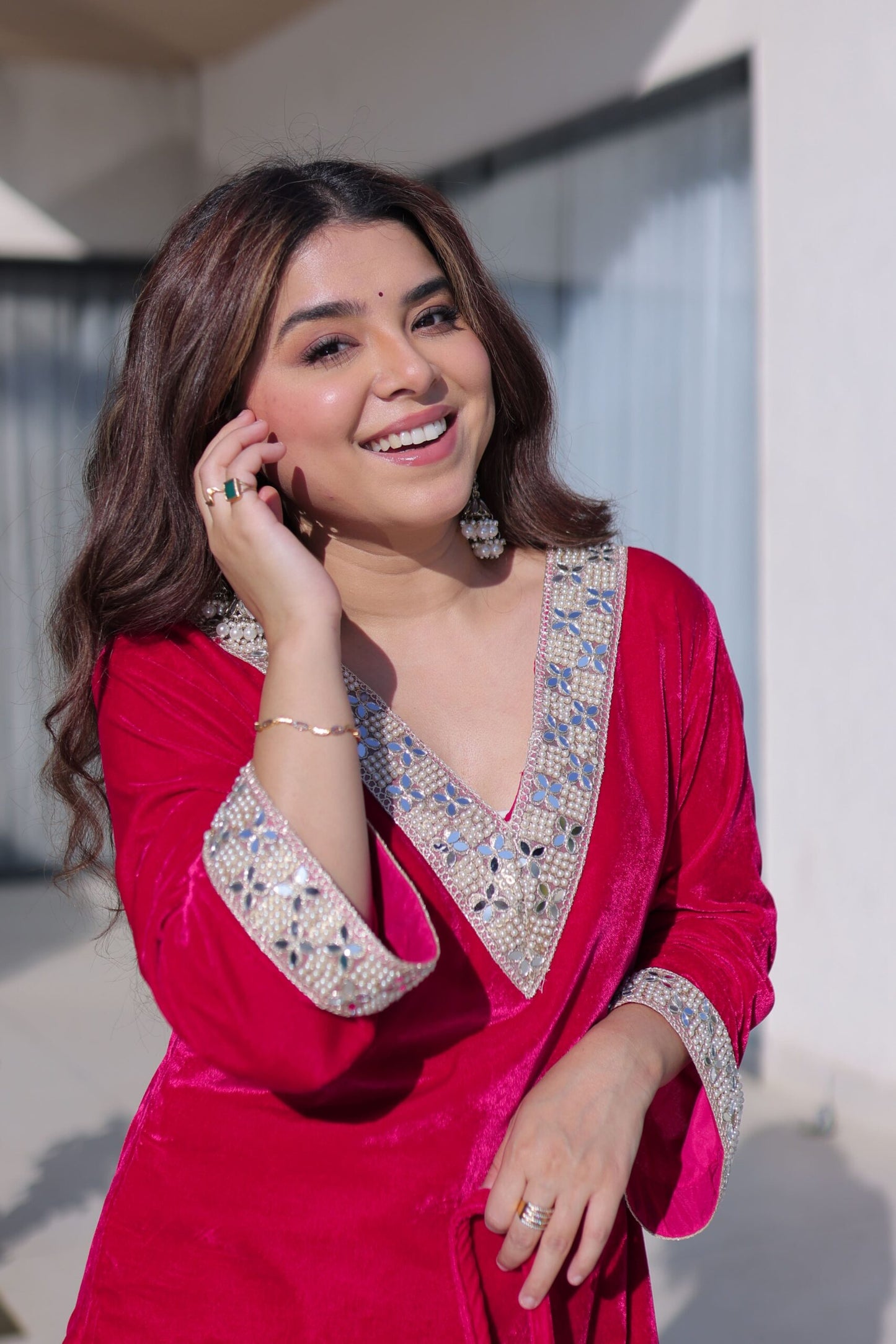 Crimson Red Velvet Embellished Kurta Pant Set with Potli Party & Festive Wear