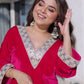 Crimson Red Velvet Embellished Kurta Pant Set with Potli Party & Festive Wear