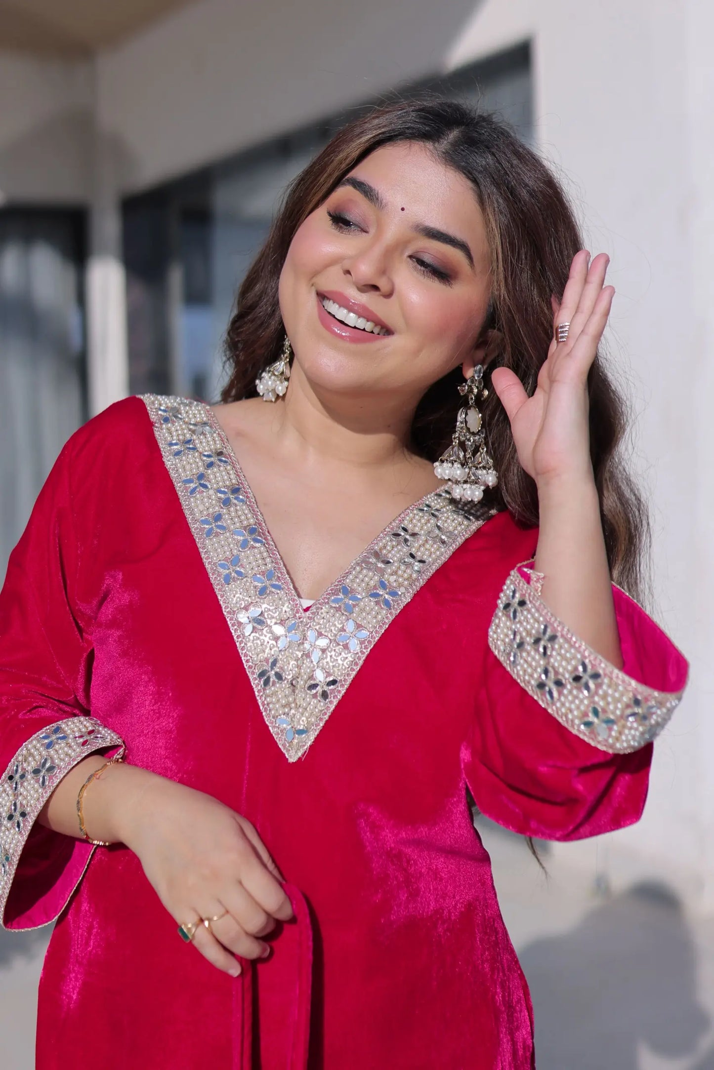 Crimson Red Velvet Embellished Kurta Pant Set with Potli Party & Festive Wear