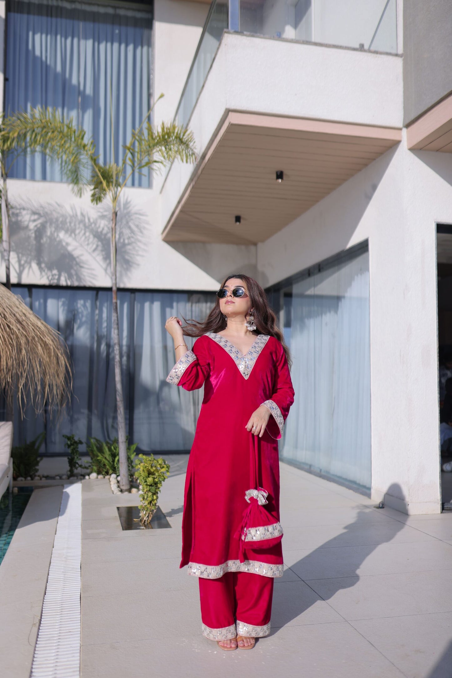 Crimson Red Velvet Embellished Kurta Pant Set with Potli Party & Festive Wear