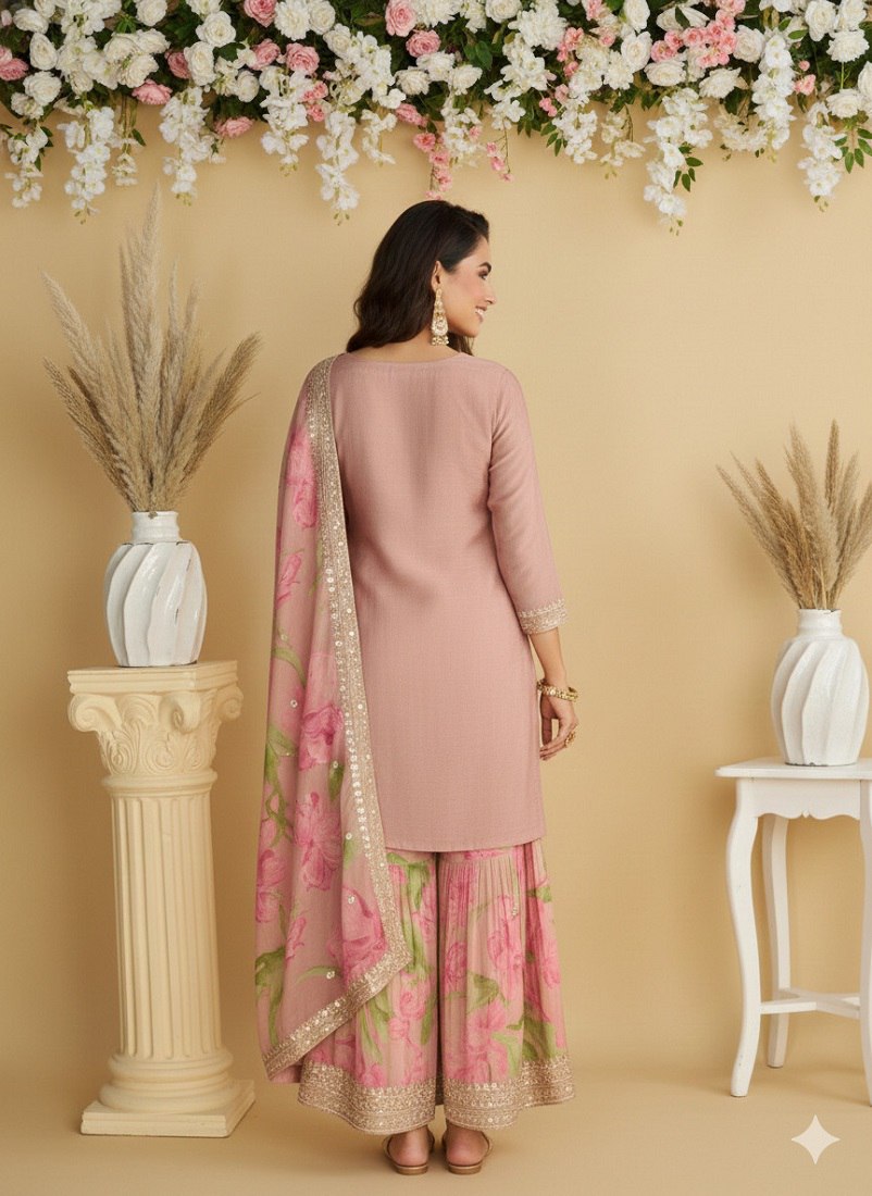 Baby Pink Chinon Silk Sharara Suit For Indian & Pakistani Wedding Festival