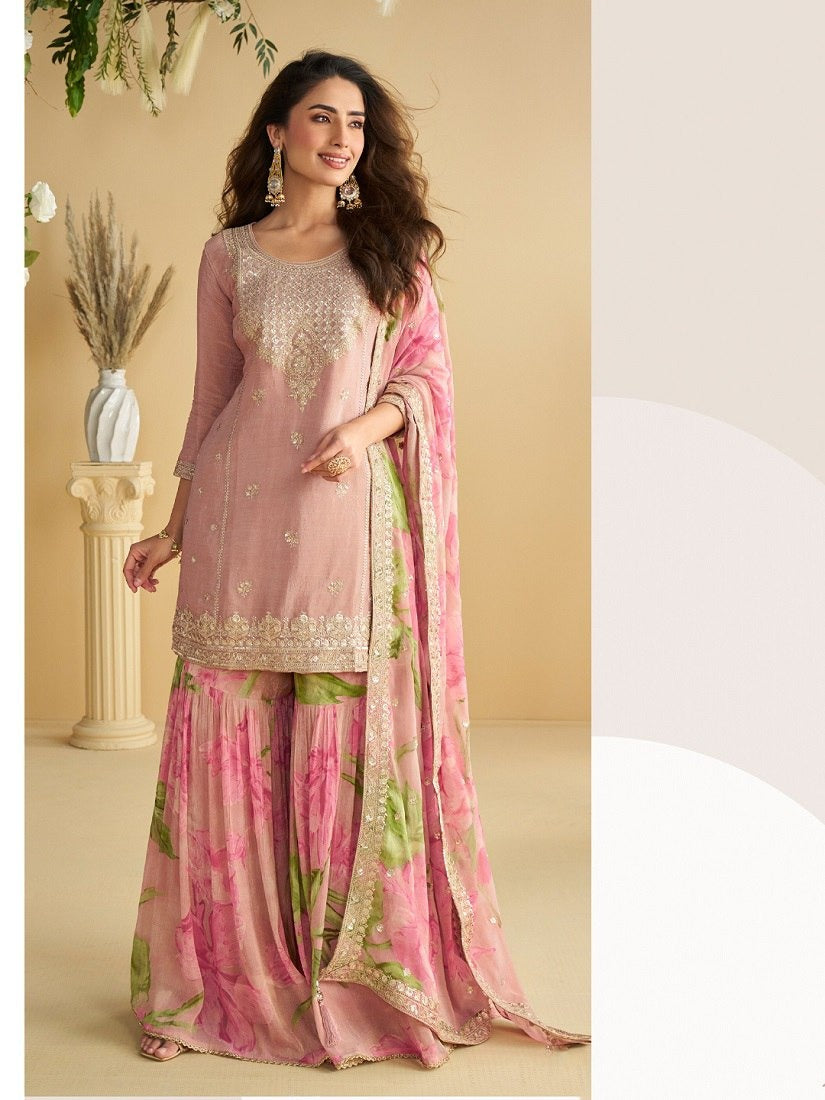 Baby Pink Chinon Silk Sharara Suit For Indian & Pakistani Wedding Festival