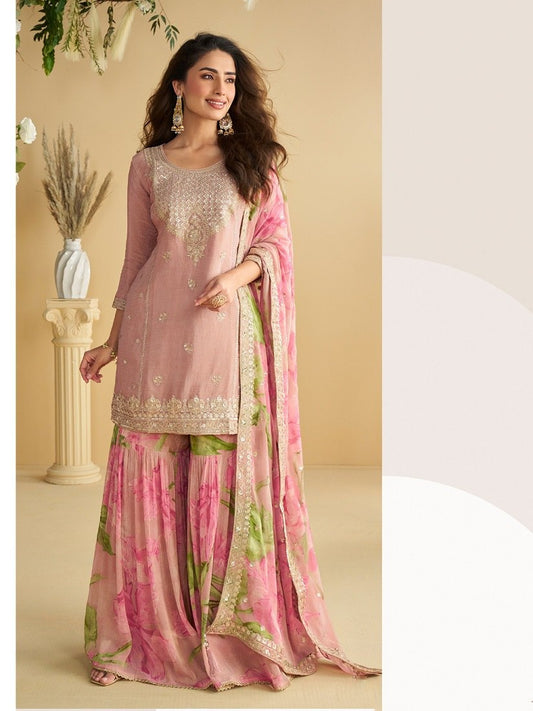 Baby Pink Chinon Silk Sharara Suit For Indian & Pakistani Wedding Festival