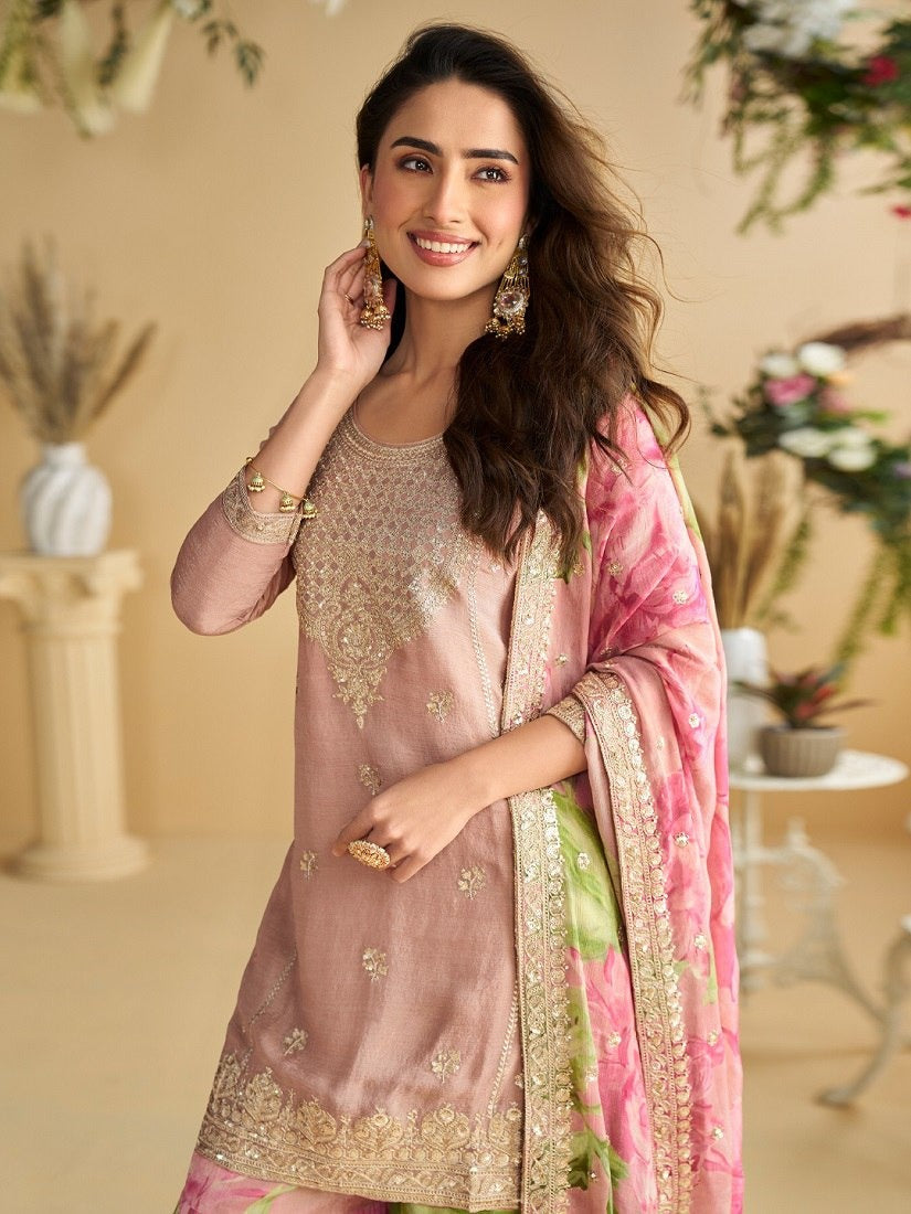 Baby Pink Chinon Silk Sharara Suit For Indian & Pakistani Wedding Festival
