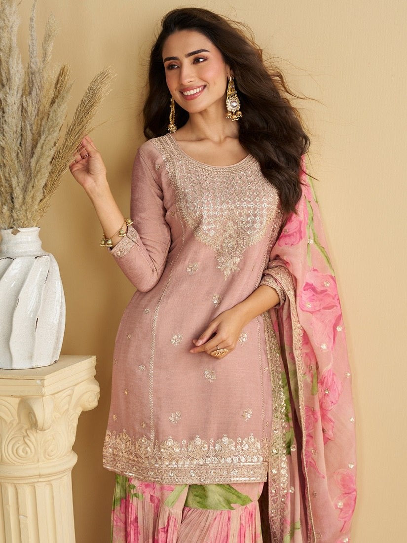 Baby Pink Chinon Silk Sharara Suit For Indian & Pakistani Wedding Festival