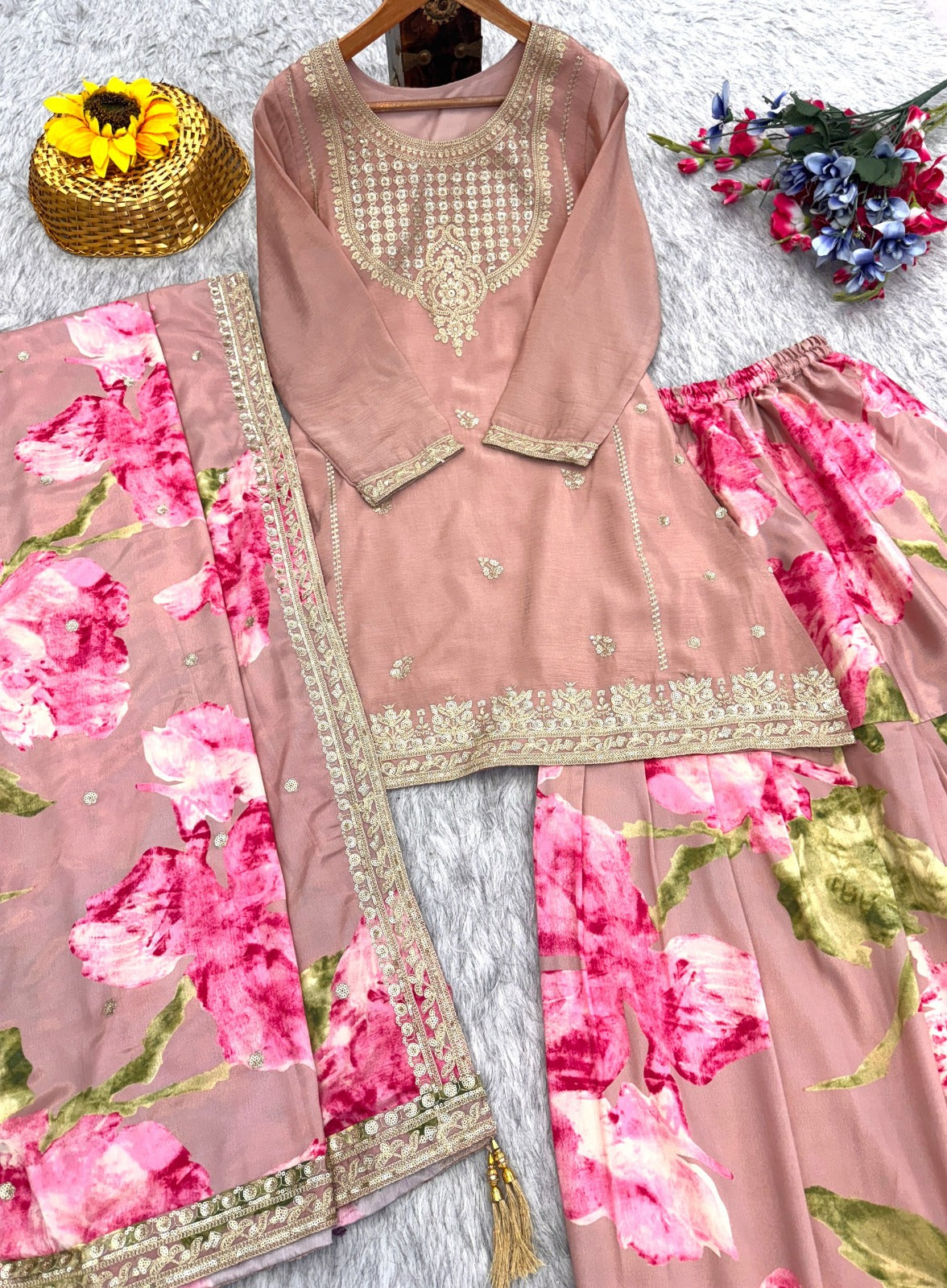 Baby Pink Chinon Silk Sharara Suit For Indian & Pakistani Wedding Festival