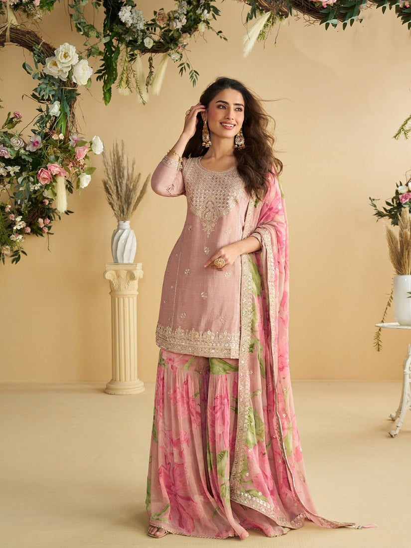 Baby Pink Chinon Silk Sharara Suit For Indian & Pakistani Wedding Festival