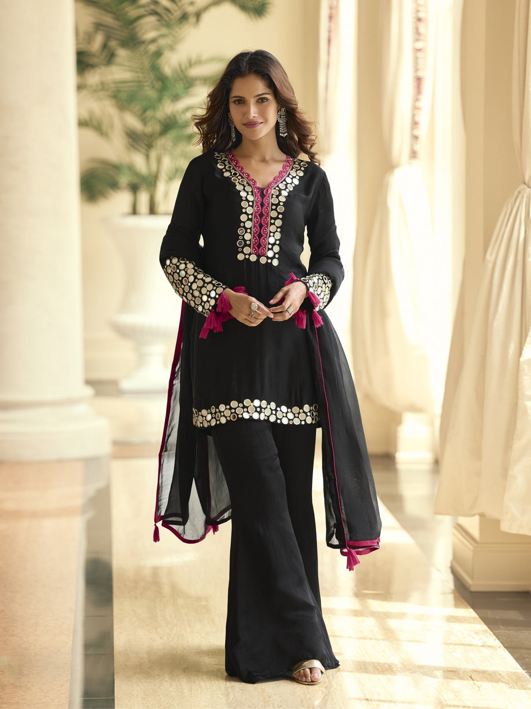 Midnight Black Onyx Mirror Silk Palazzo Suit