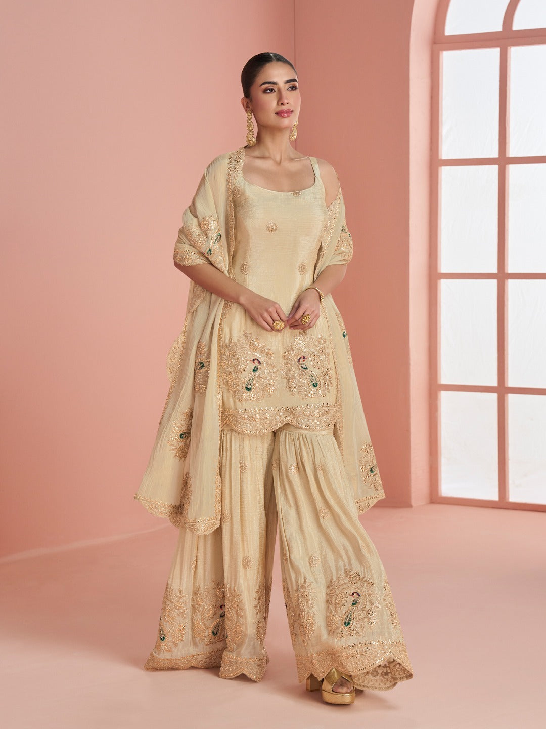 Cream Embroidered Silk Kurti with Sharara and Dupatta