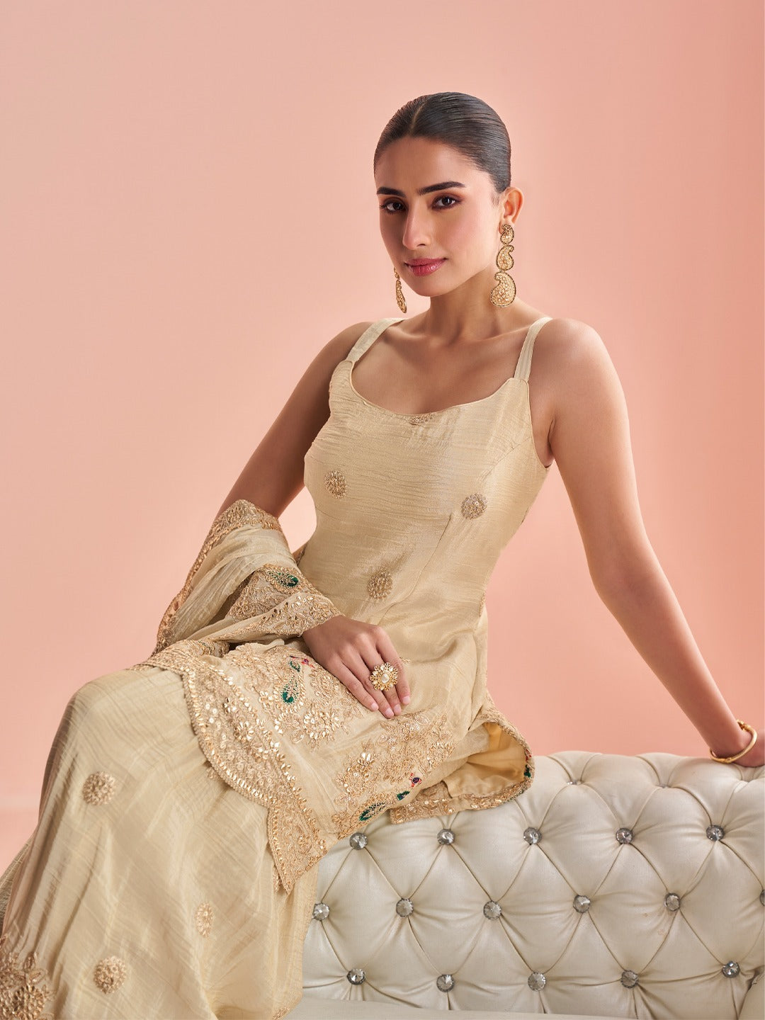 Cream Embroidered Silk Kurti with Sharara and Dupatta
