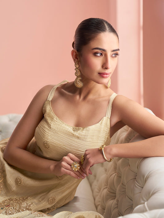 Cream Embroidered Silk Kurti with Sharara and Dupatta