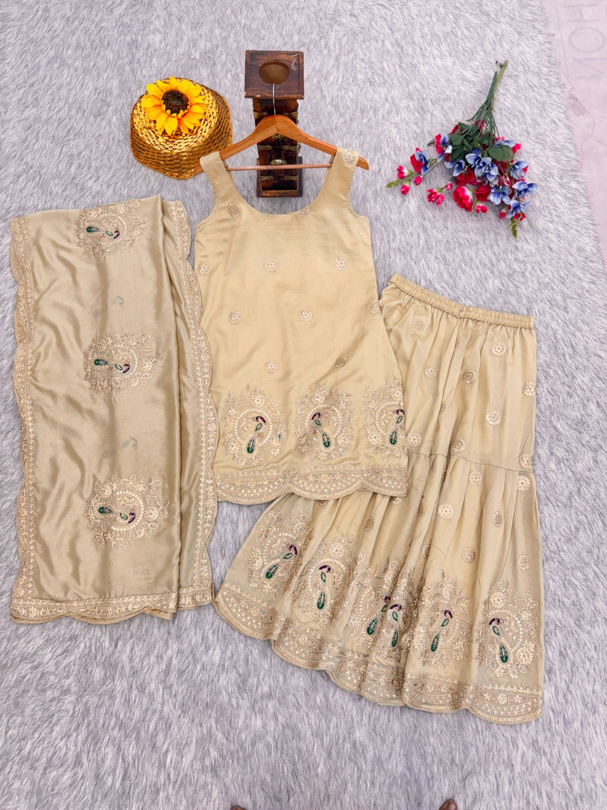 Cream Embroidered Silk Kurti with Sharara and Dupatta