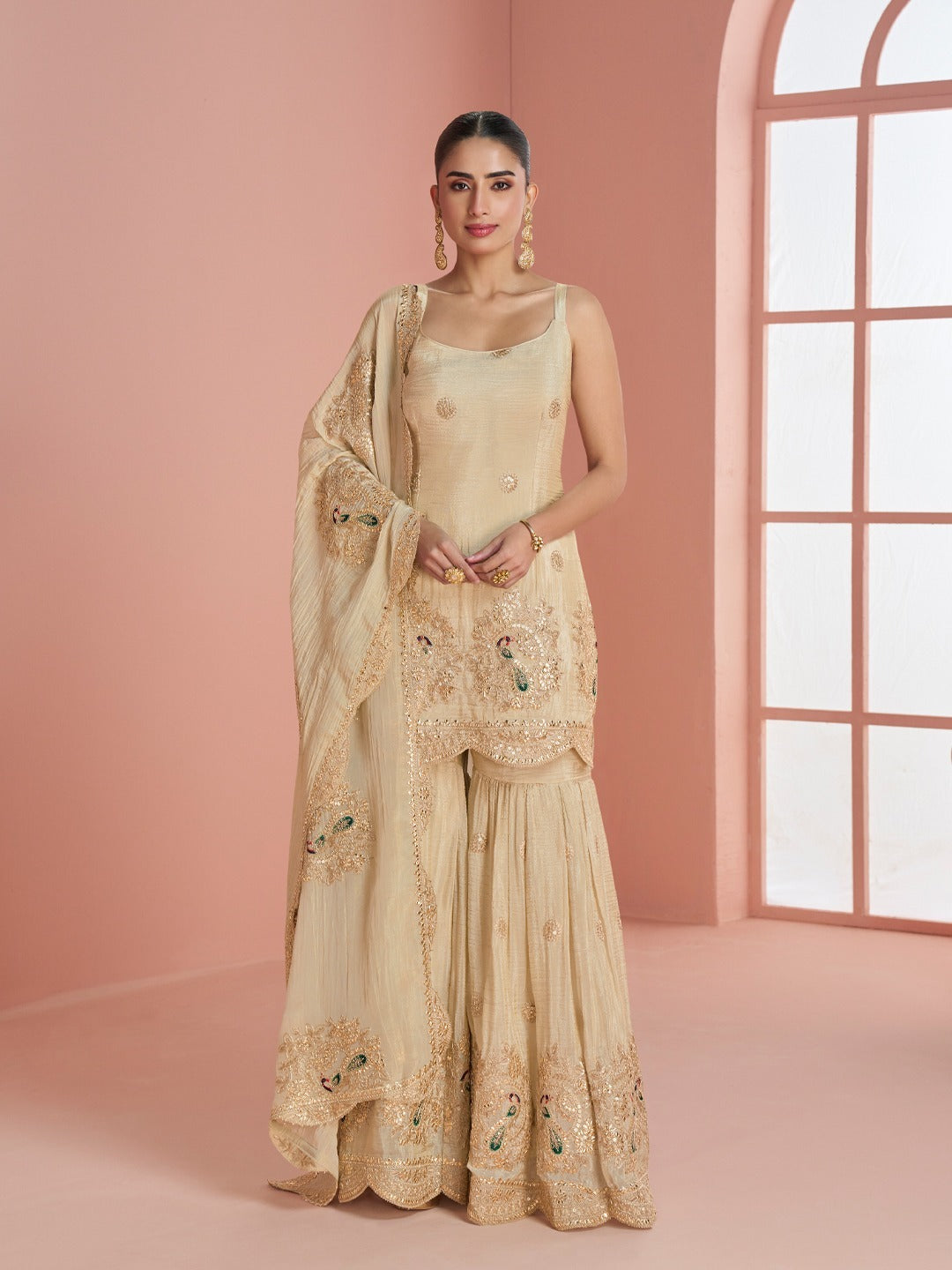 Cream Embroidered Silk Kurti with Sharara and Dupatta