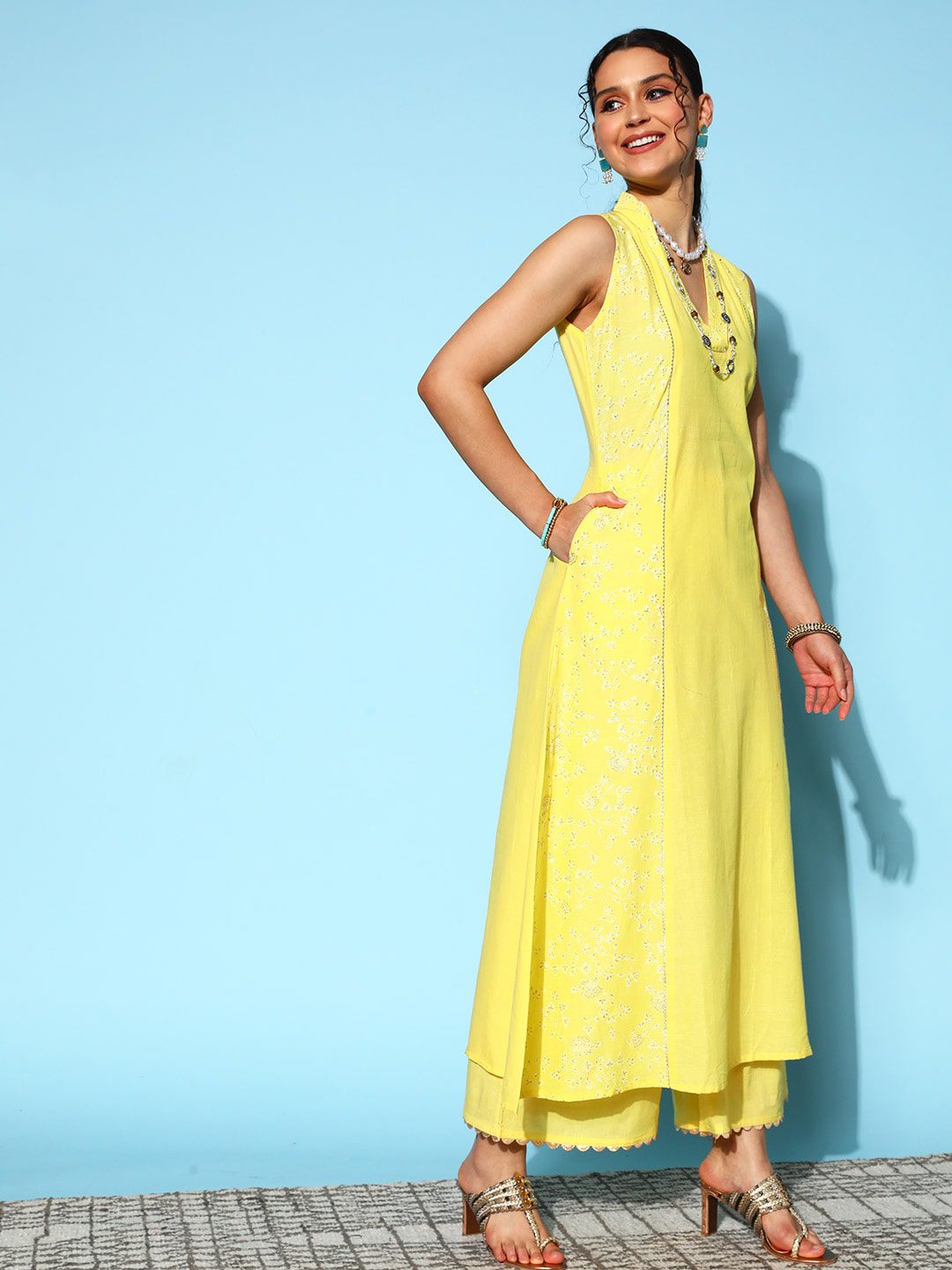 Ethnic Motifs Cotton Blend Top to Toe Fusion Kurta Set