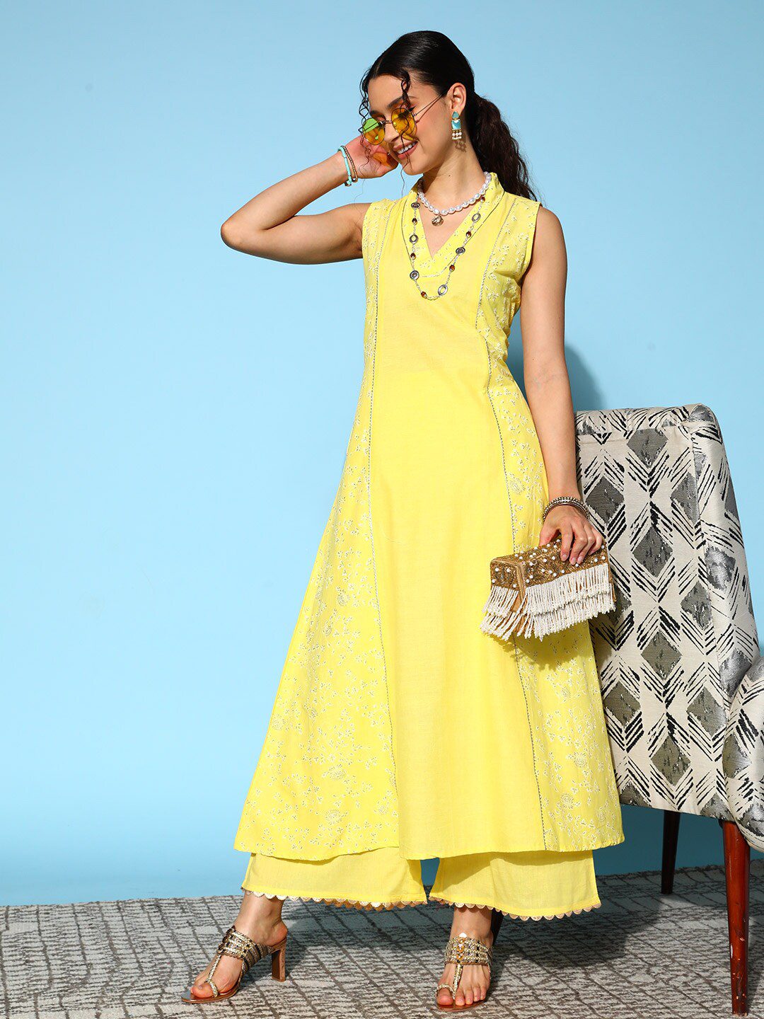 Ethnic Motifs Cotton Blend Top to Toe Fusion Kurta Set