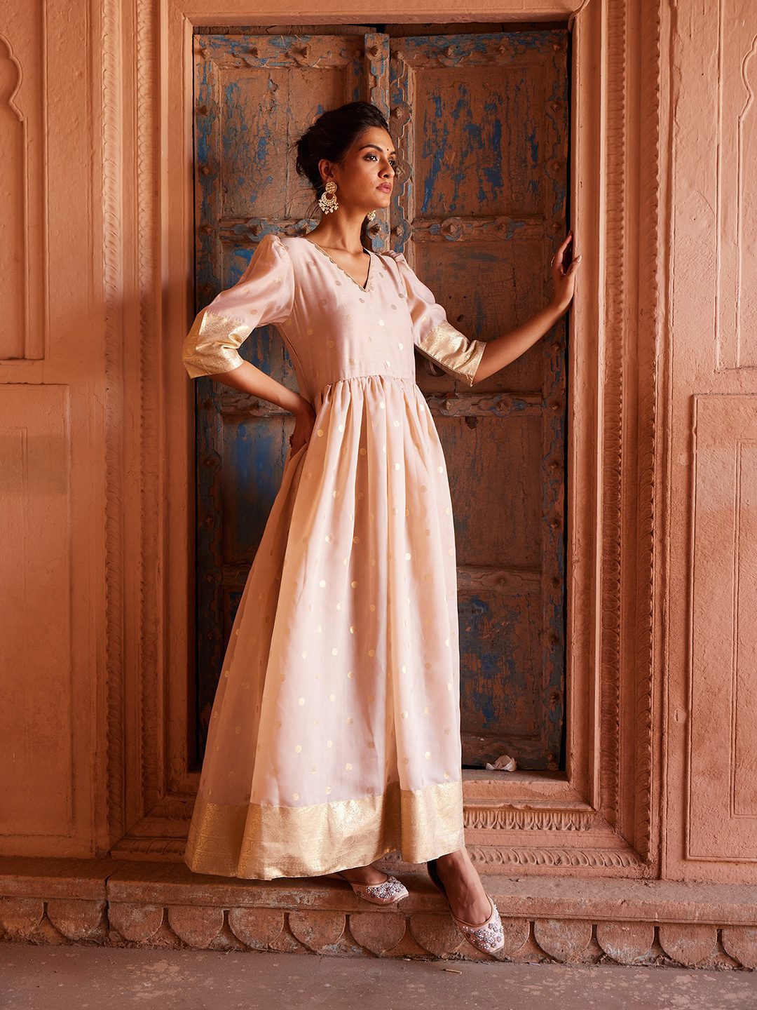 Women Beige & Golden Polka Dots Print A-line Maxi Dress