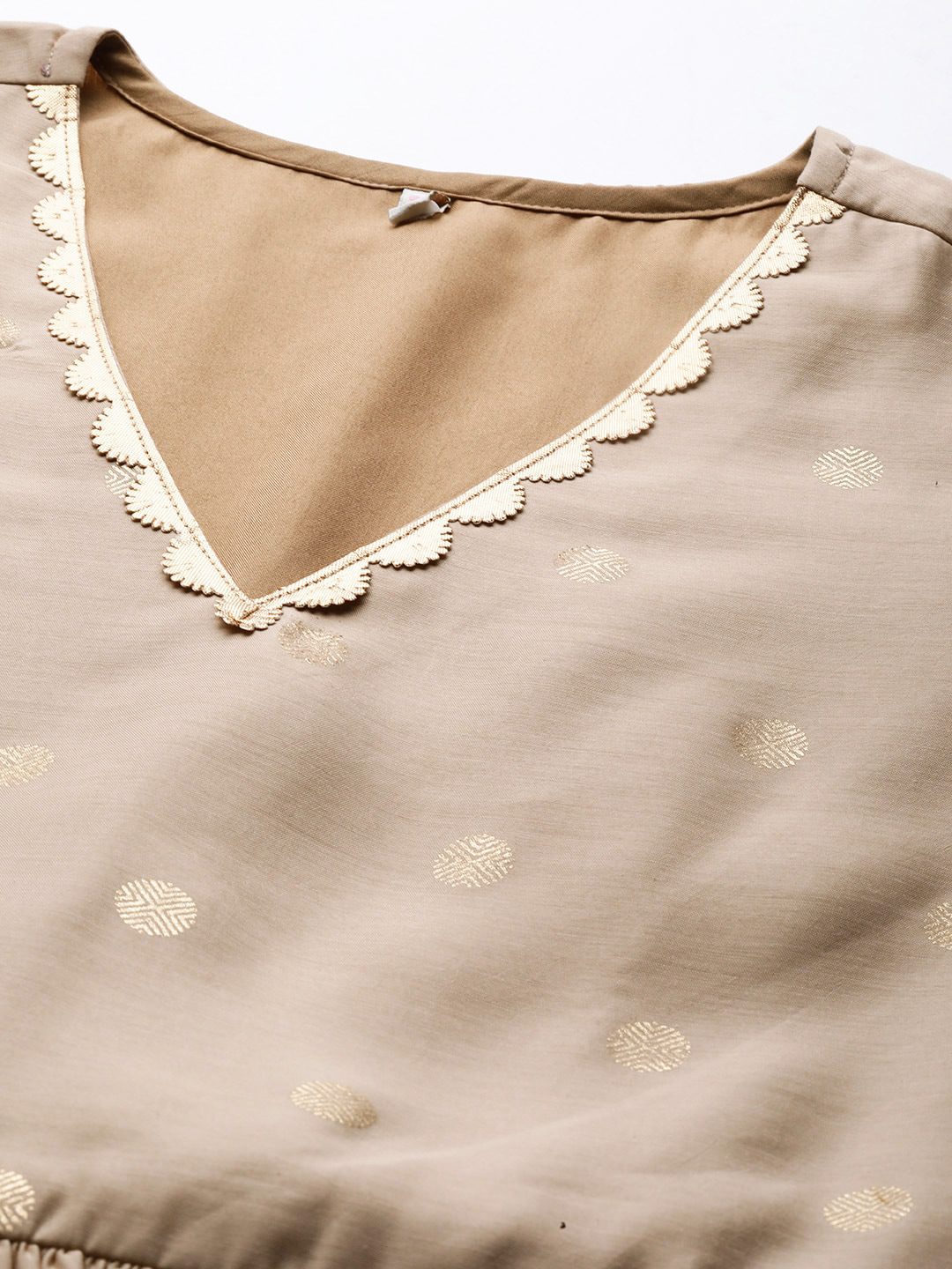 Women Beige & Golden Polka Dots Print A-line Maxi Dress