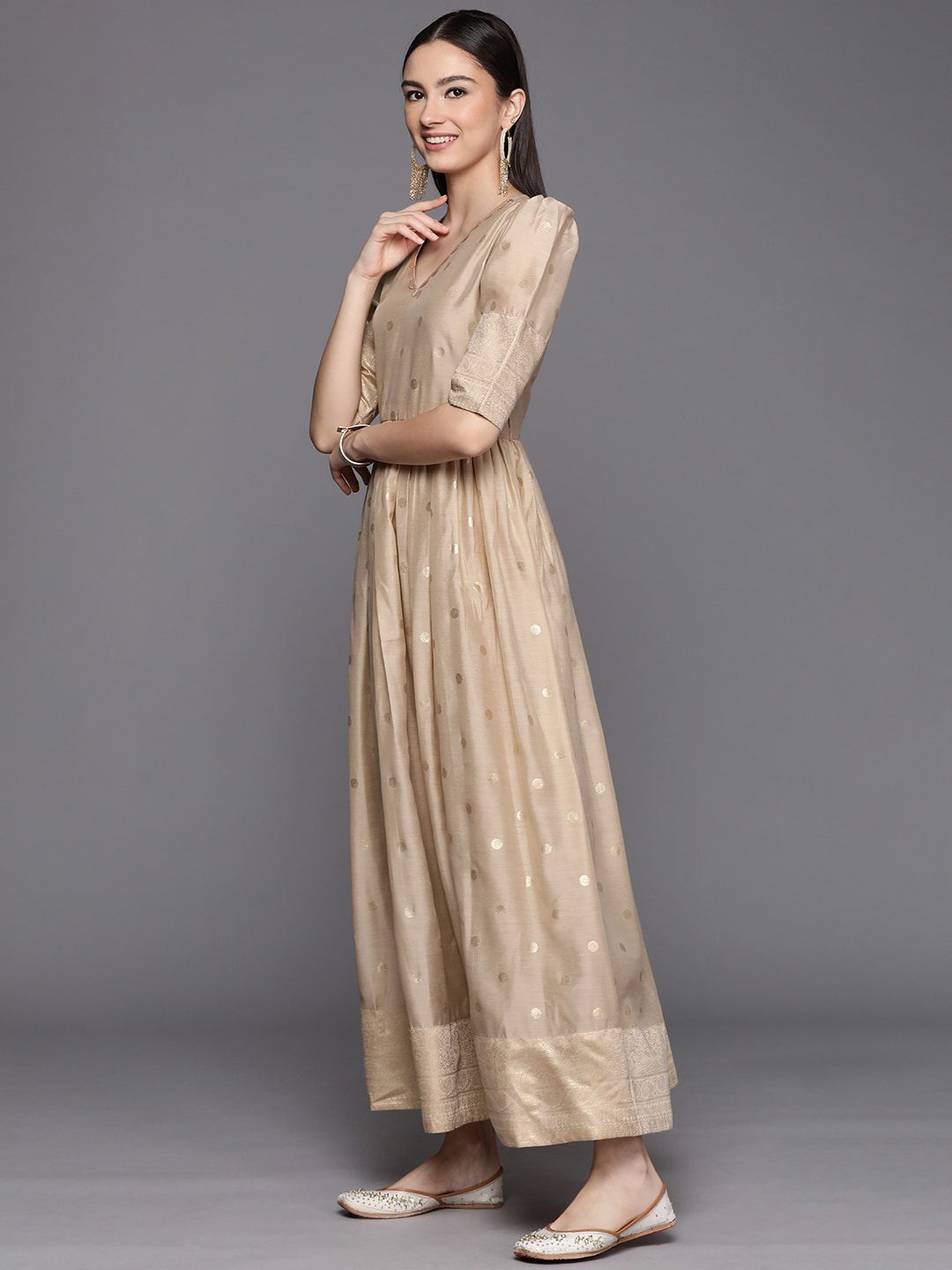 Women Beige & Golden Polka Dots Print A-line Maxi Dress