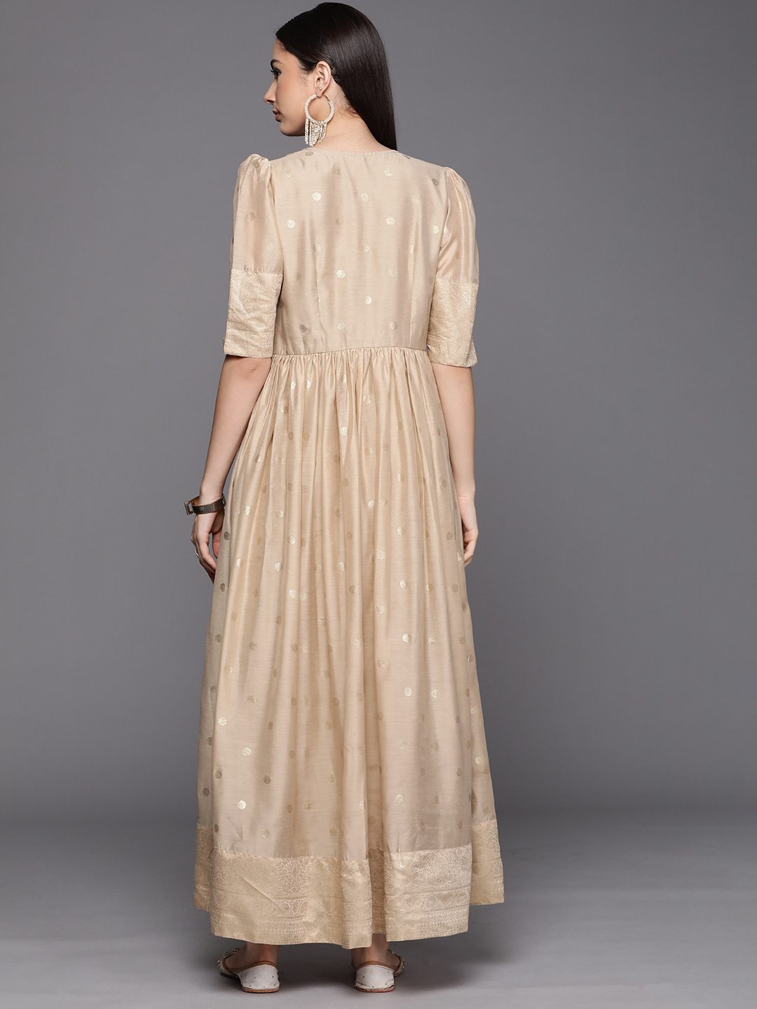 Women Beige & Golden Polka Dots Print A-line Maxi Dress