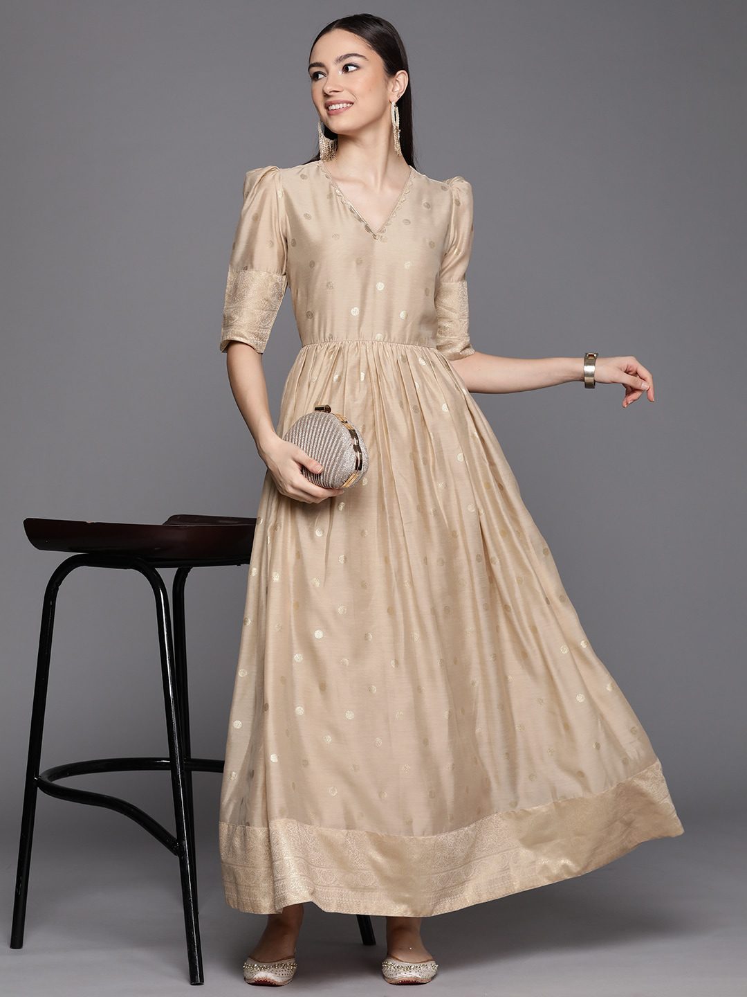 Women Beige & Golden Polka Dots Print A-line Maxi Dress