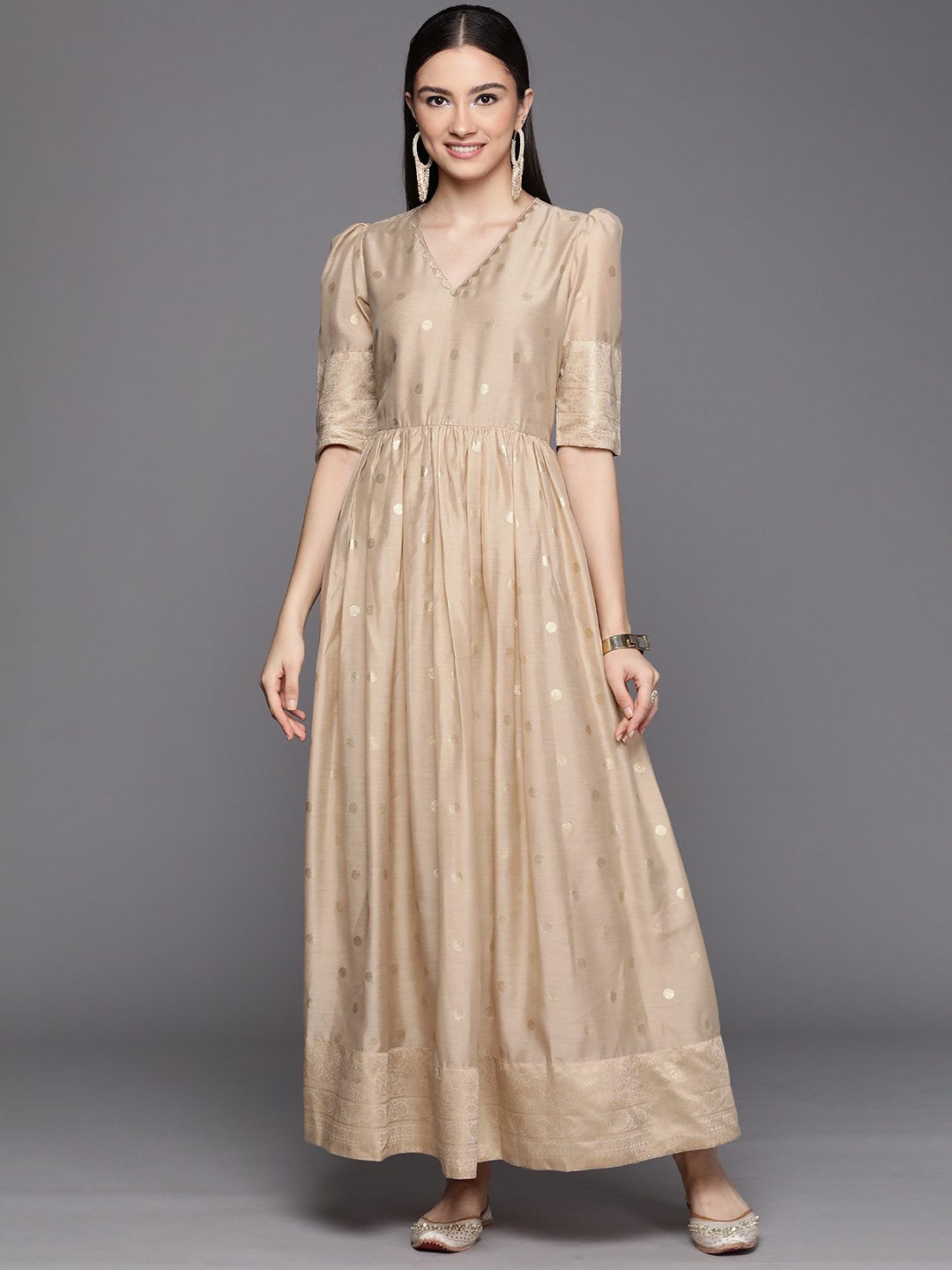 Women Beige & Golden Polka Dots Print A-line Maxi Dress