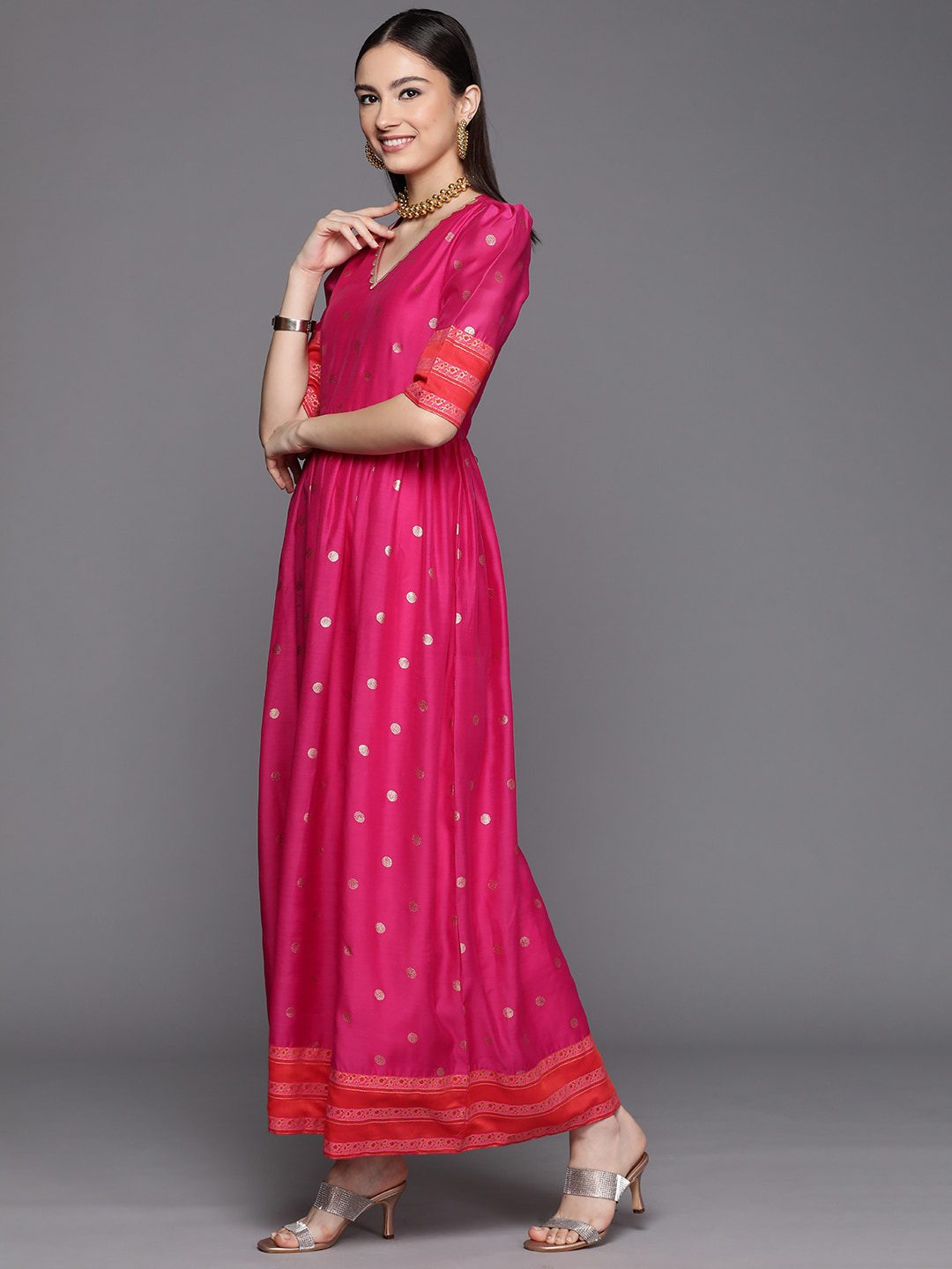 Women Pink & Orange Polka Dots Print A-line Maxi Dress