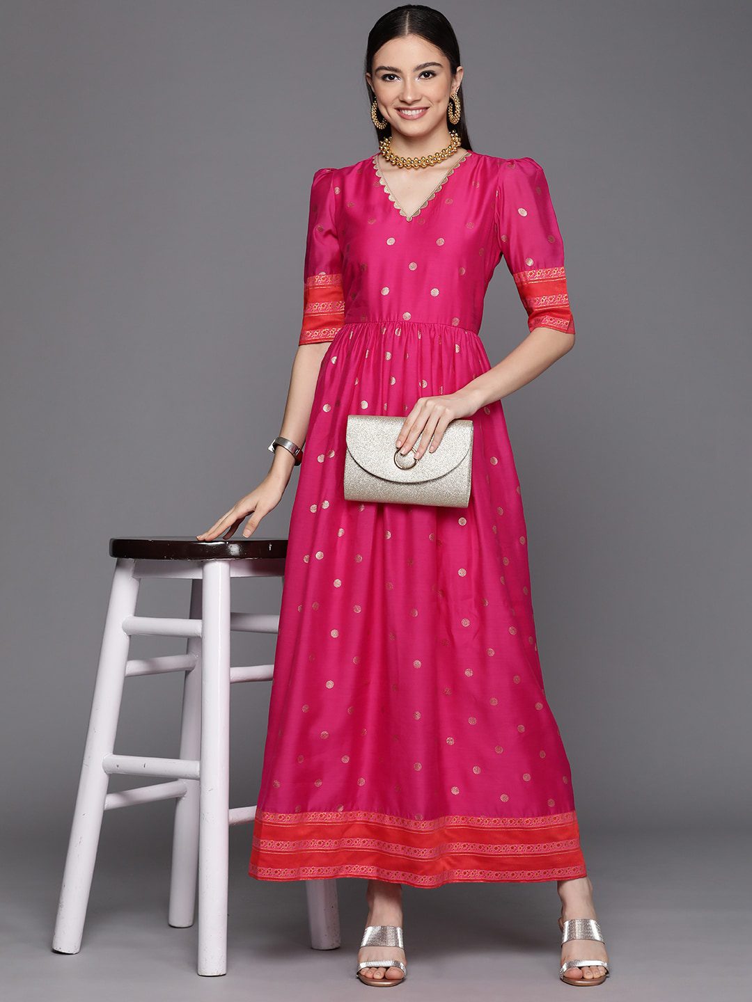 Women Pink & Orange Polka Dots Print A-line Maxi Dress