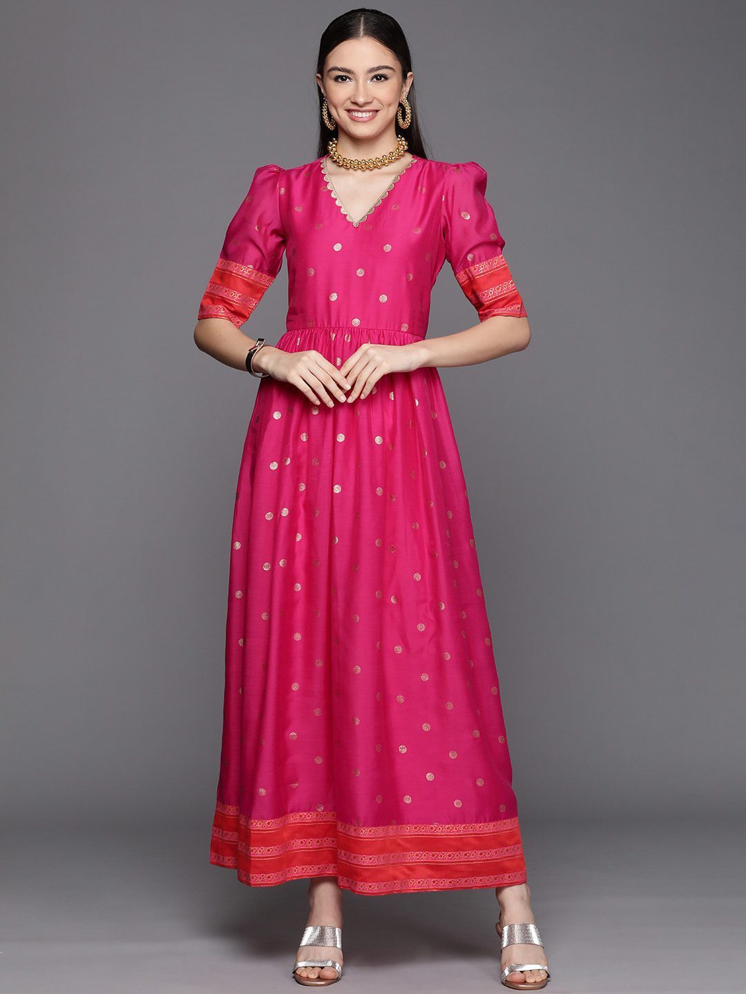 Women Pink & Orange Polka Dots Print A-line Maxi Dress