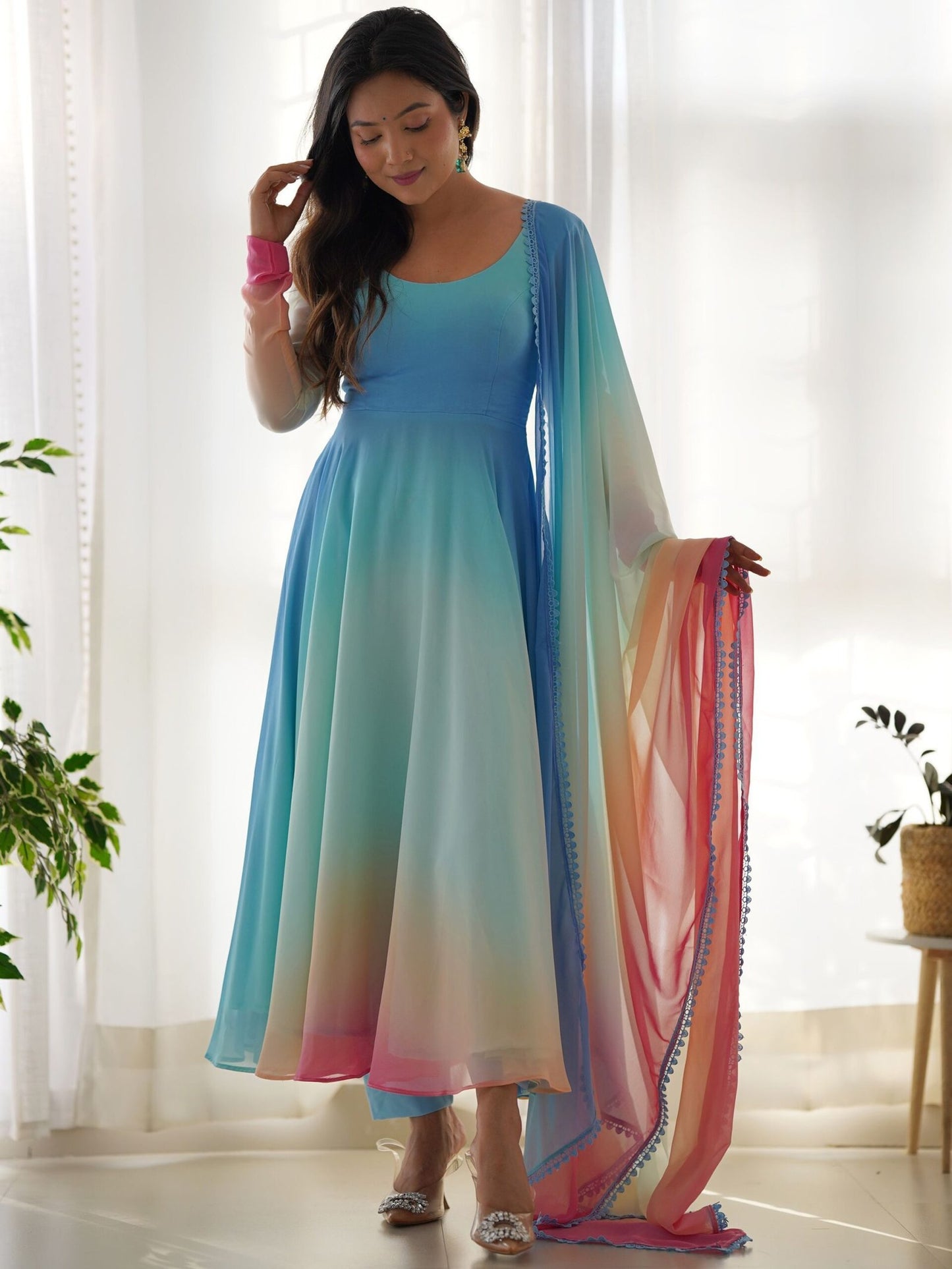 Awesome Multi-Color Georgette Readymade Anarkali Suit With Dupatta